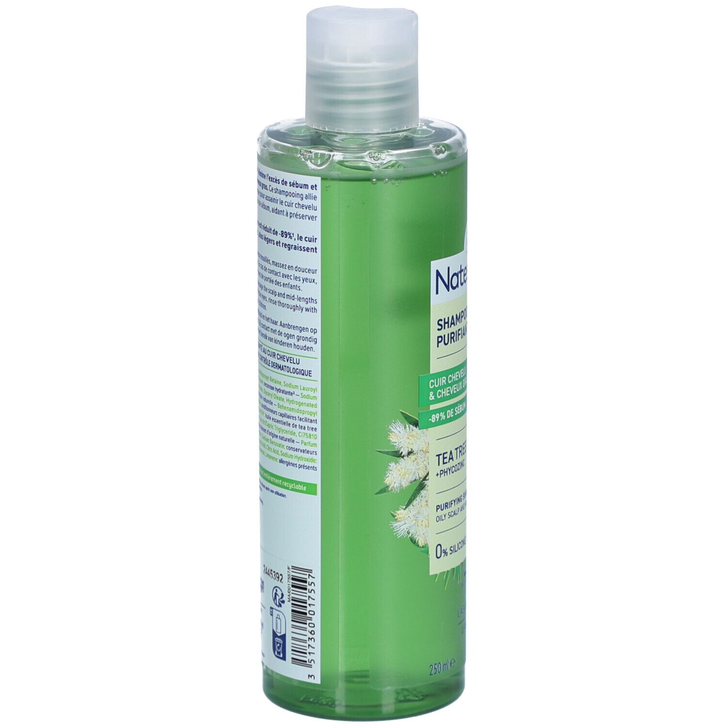 Rückseite der grünen Shampoo-Flasche. Text: Anwendung, Inhaltsstoffe, 93% natürliche Inhaltsstoffe. Logo: 1 for the planet.