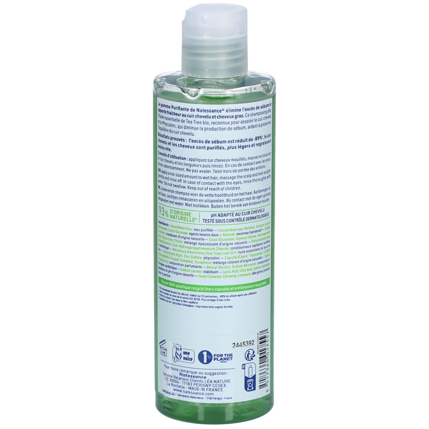 Rückseite der grünen Shampoo-Flasche. Text: Anwendung, Inhaltsstoffe, 93% natürliche Inhaltsstoffe. Logo: 1 for the planet.