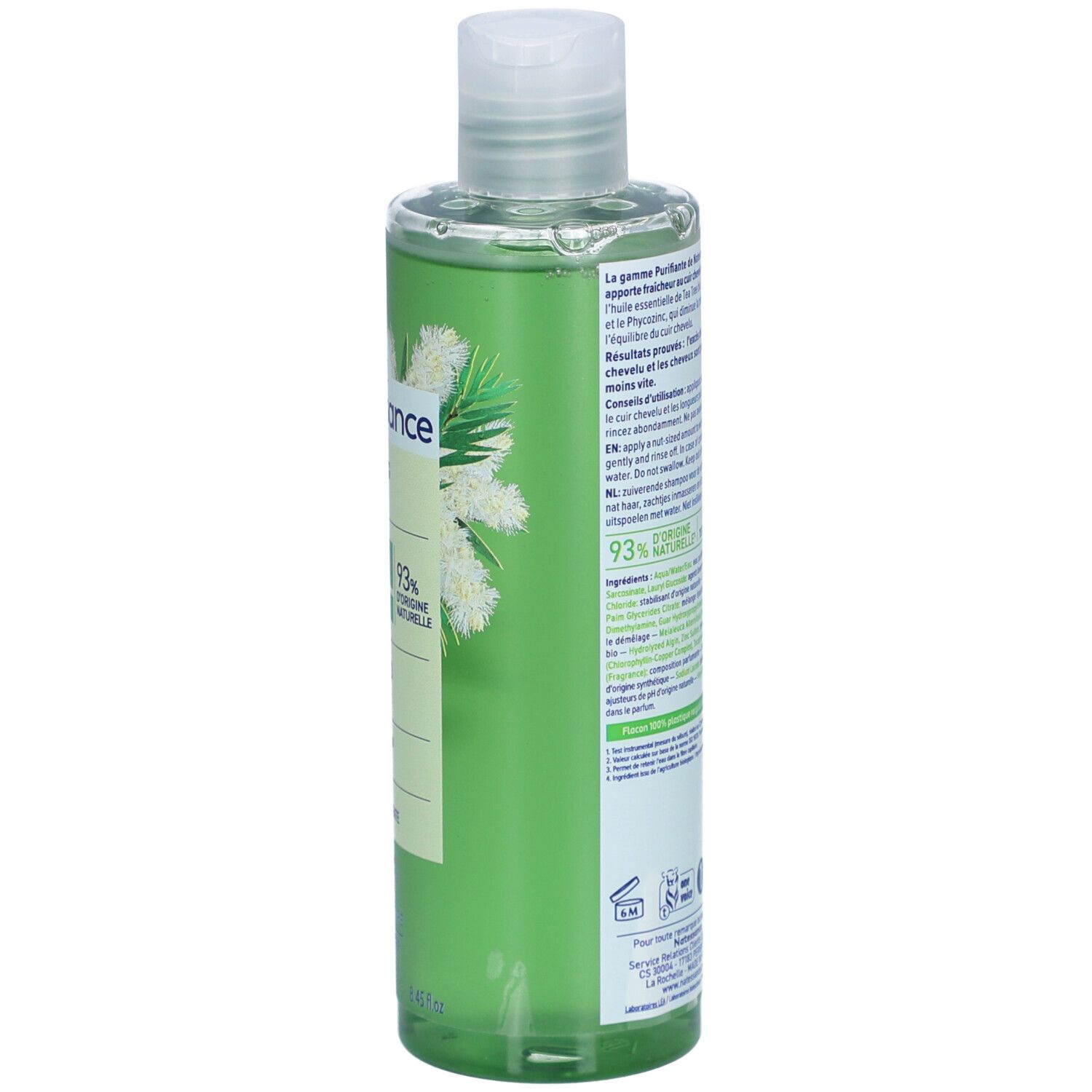Rückseite der grünen Shampoo-Flasche. Text: Anwendung, Inhaltsstoffe, 93% natürliche Inhaltsstoffe. Logo: 1 for the planet.