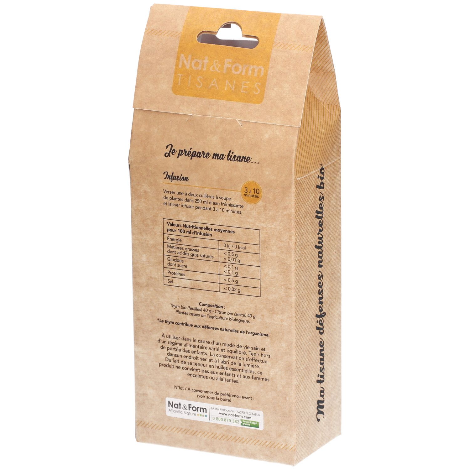 Dos du paquet Nat&Form Tisane Défenses naturelles bio 80g avec instructions de préparation.