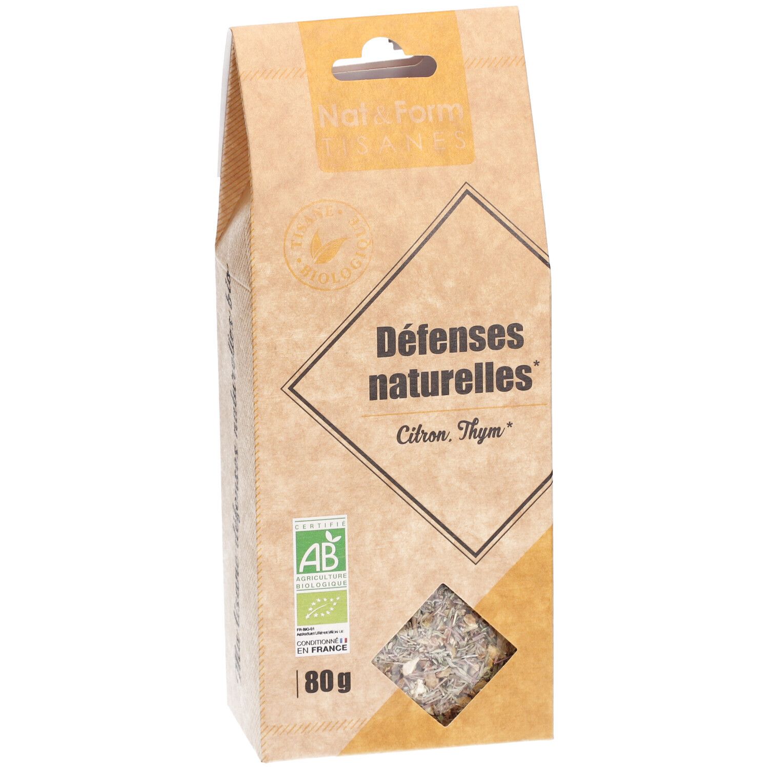 Nat&Form Tisane Défenses naturelles bio, paquet de 80g saveur citron thym.