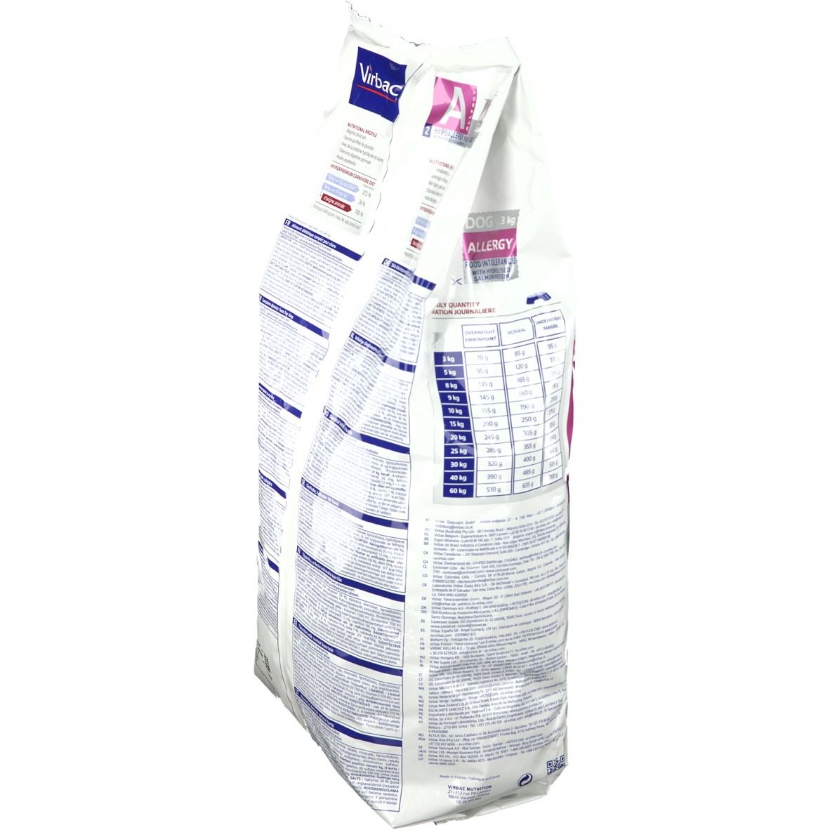 Virbac VETERINARY HPM Hunde Allergy 3kg Sack, Seitenansicht mit Nährwerttabelle.