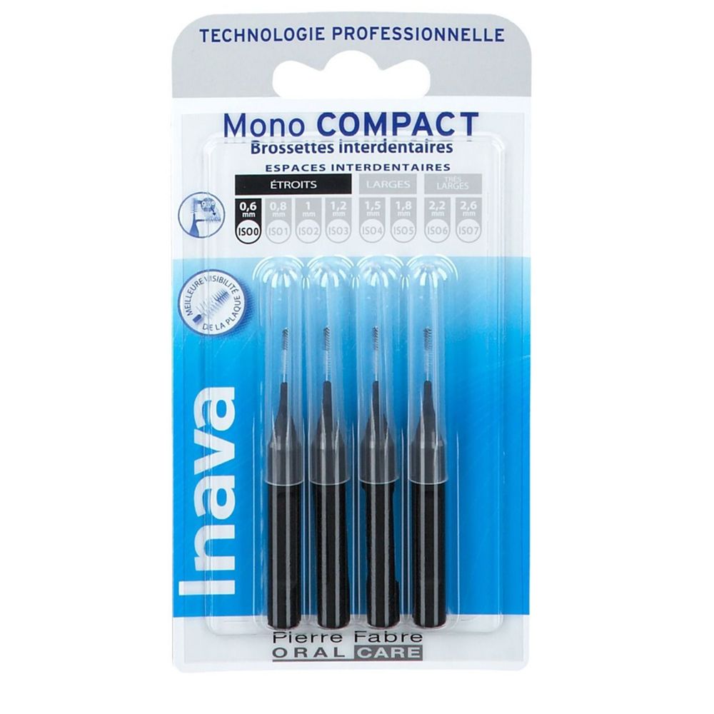 Inava Mono Compact Interdentalbürsten, schmal, schwarz, 0,6 mm. Vier Bürsten in Blisterverpackung.