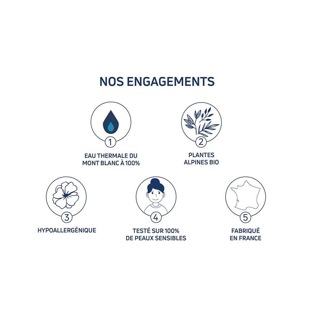 Graphique avec cinq cercles. 1: Eau thermale Mont Blanc. 2: Plantes alpines bio. 3: Hypoallergénique. 4: Testé sur peaux sensibles. 5: Fabriqué en France.