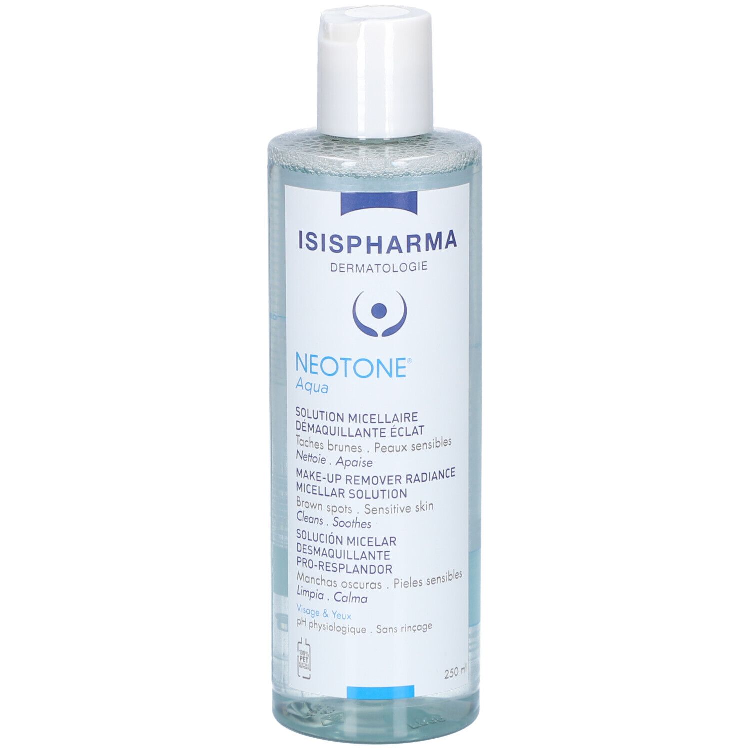 Hautpflegelösung in einer transparenten Flasche mit weißem Deckel. Beschriftung: ISISPHARMA, Neotone Aqua, Micellare Lösung.