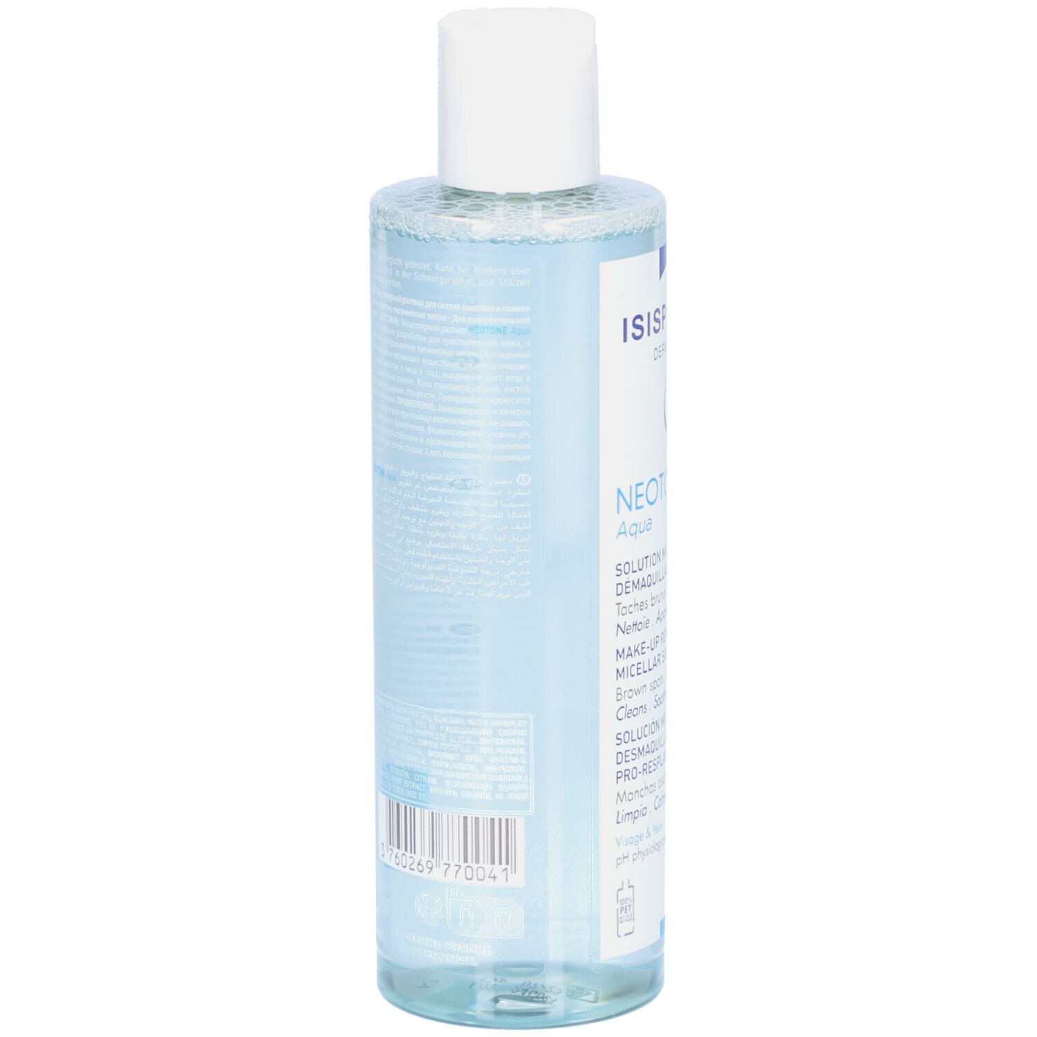 Rückseite einer transparenten Flasche mit Hautpflegelösung. Text und Barcode sind sichtbar. Weißer Deckel.