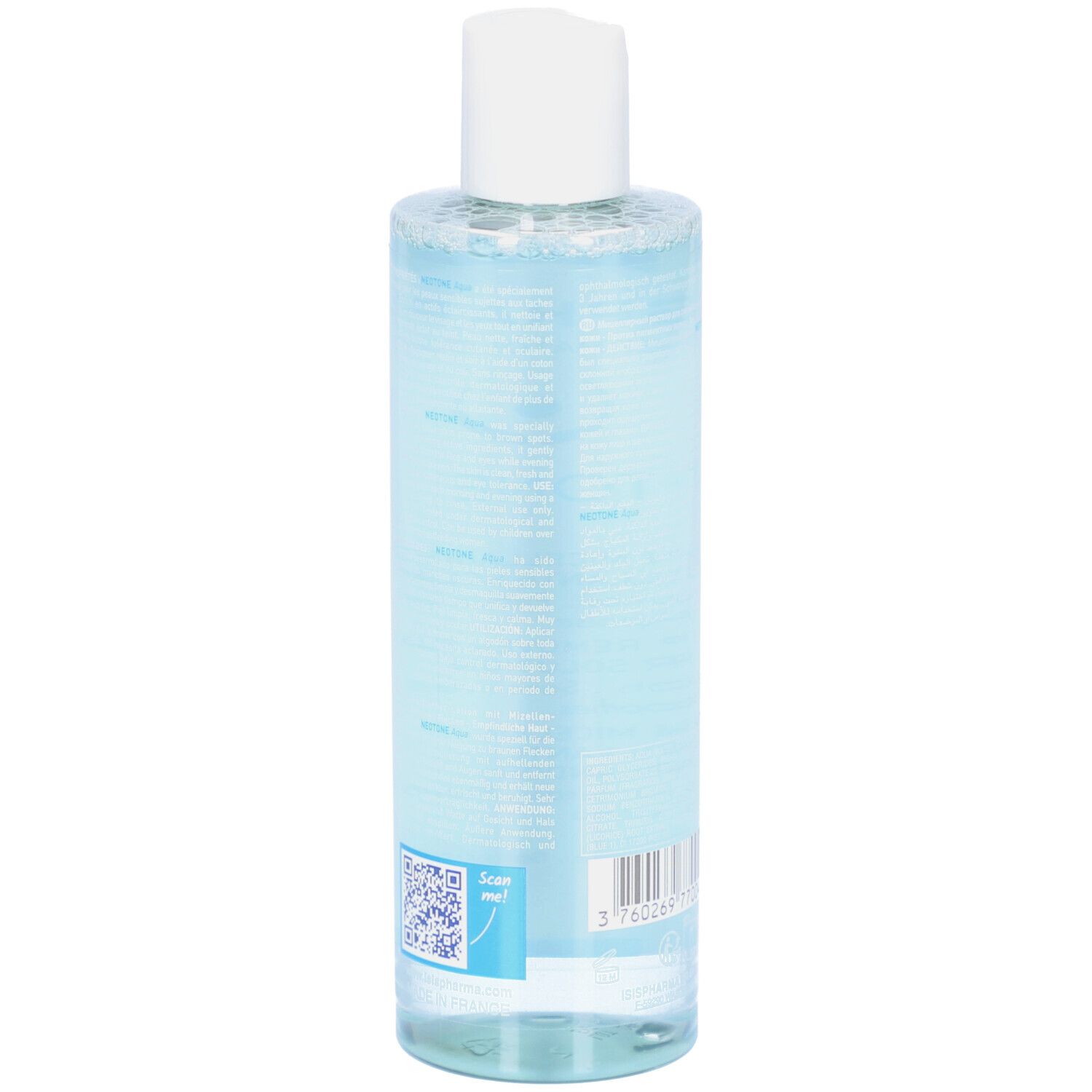 Rückseite einer transparenten Flasche mit Hautpflegelösung. Text und Barcode sind sichtbar. Weißer Deckel.