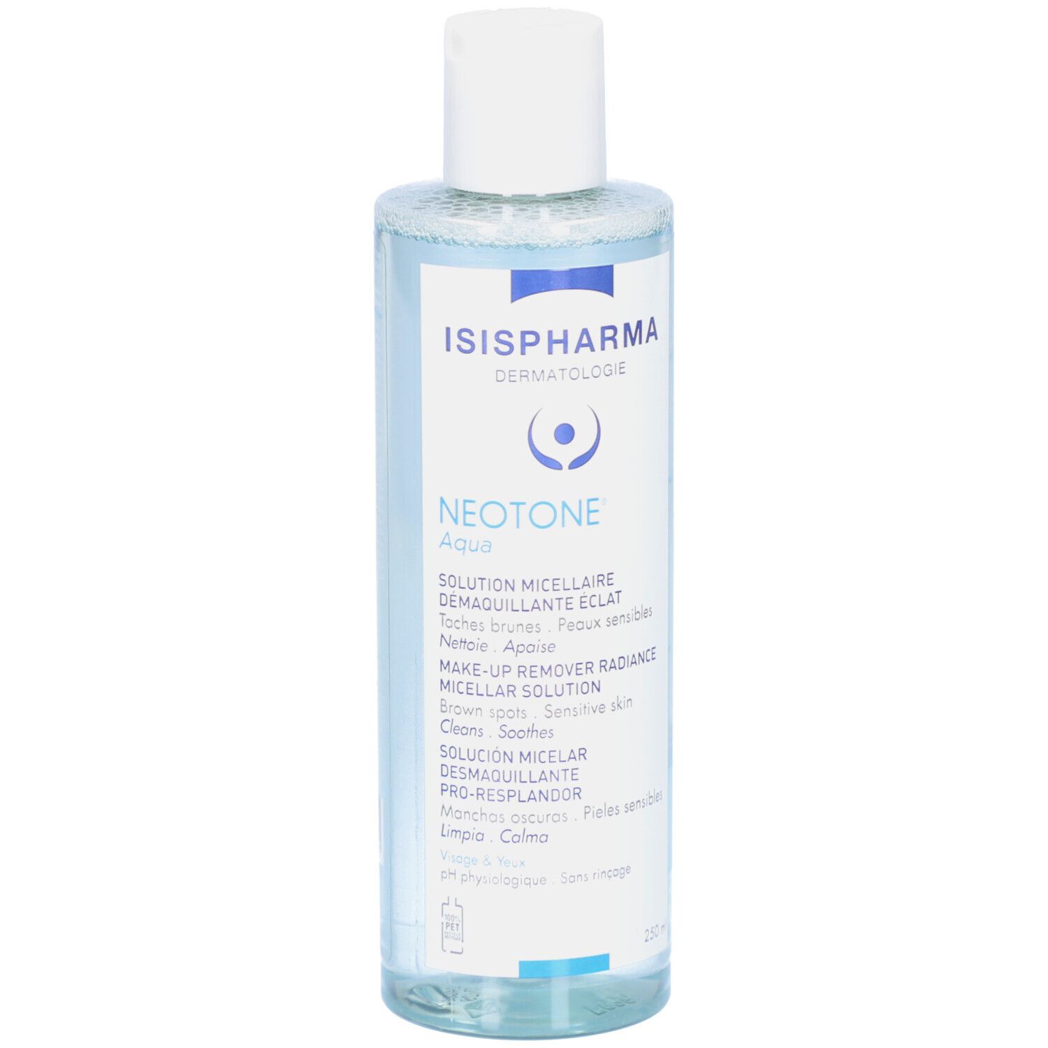 Hautpflegelösung in einer transparenten Flasche mit weißem Deckel. Beschriftung: ISISPHARMA, Neotone Aqua, Micellare Lösung.