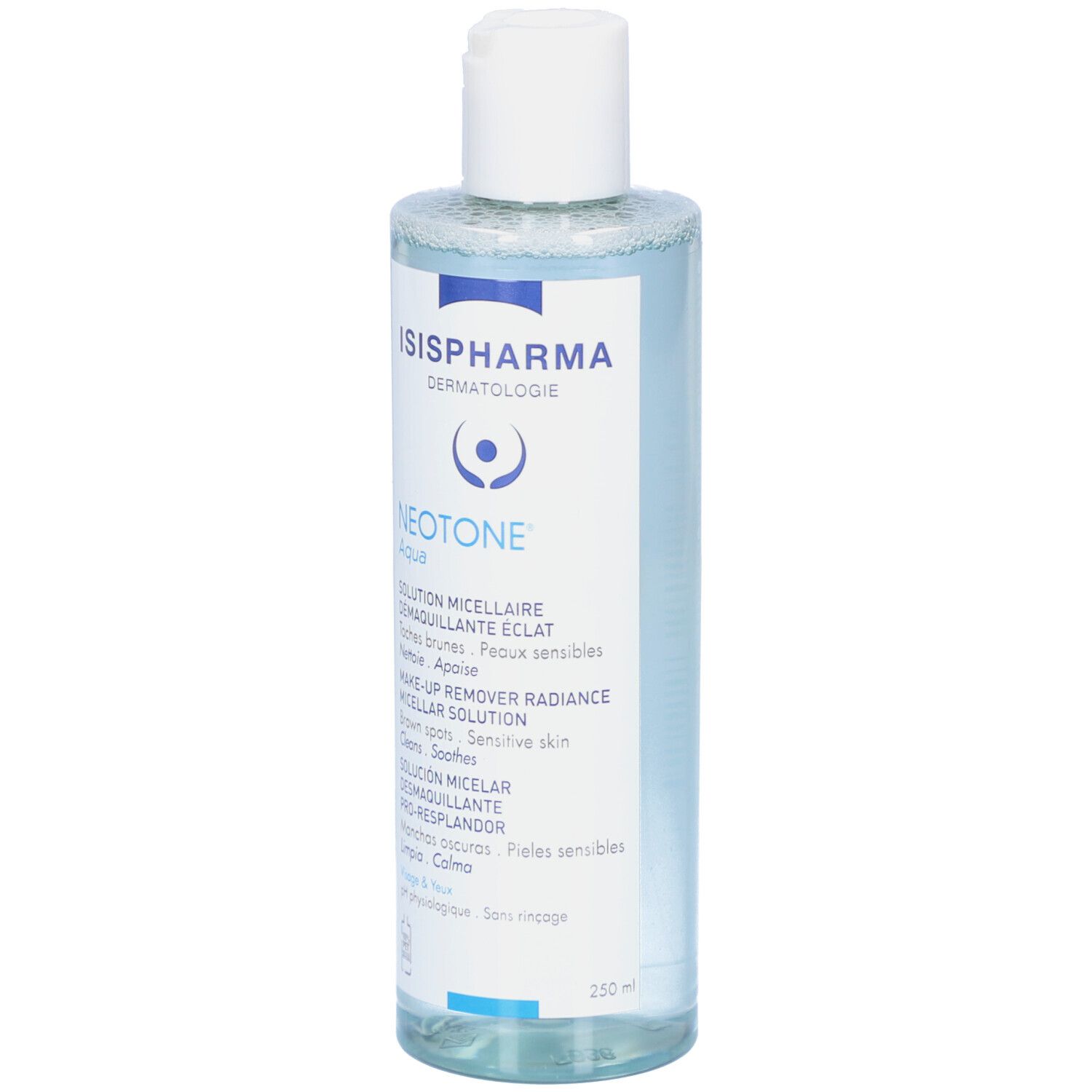 Hautpflegelösung in einer transparenten Flasche mit weißem Deckel. Beschriftung: ISISPHARMA, Neotone Aqua, Micellare Lösung.