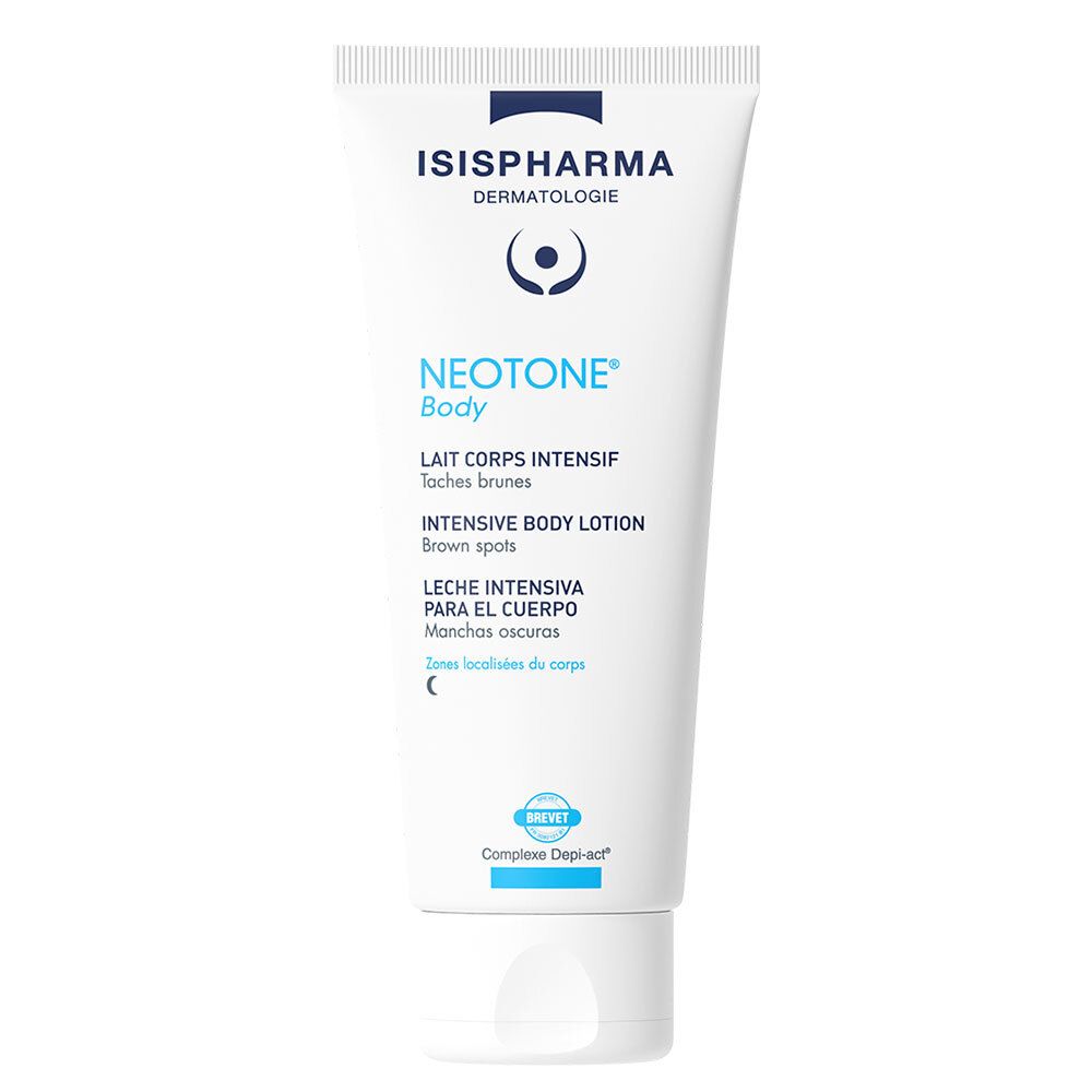 Tube blanc avec texte bleu. ISISPHARMA Dermatologie, Neotone Body, Lait Corps Intensif. Texte en plusieurs langues.