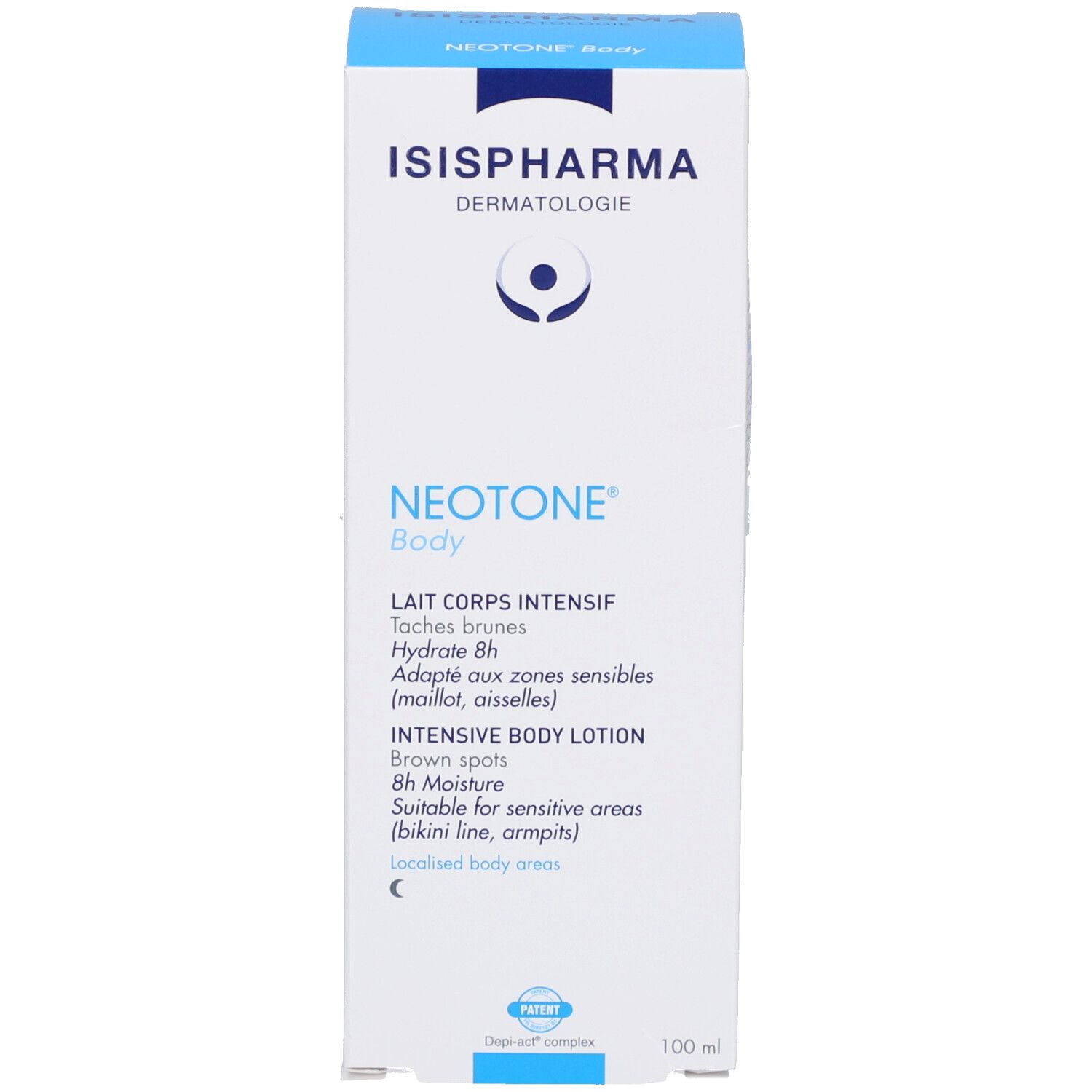 Emballage du produit. ISISPHARMA Dermatologie, Neotone Body, Lait Corps Intensif. 100 ml.