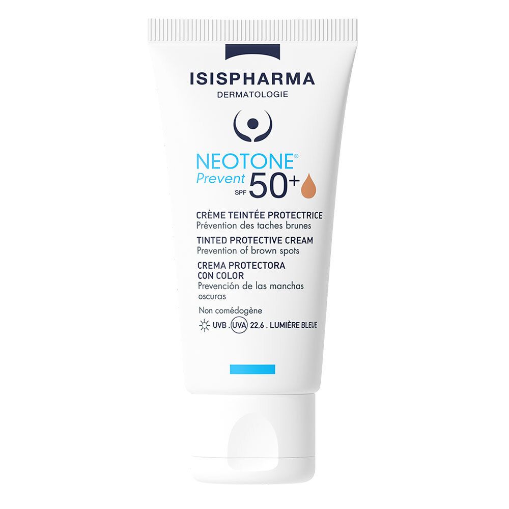 Weiße Tube mit ISISPHARMA und Neotone Prevent SPF50+. Creme gegen braune Flecken. Blaue Akzente.