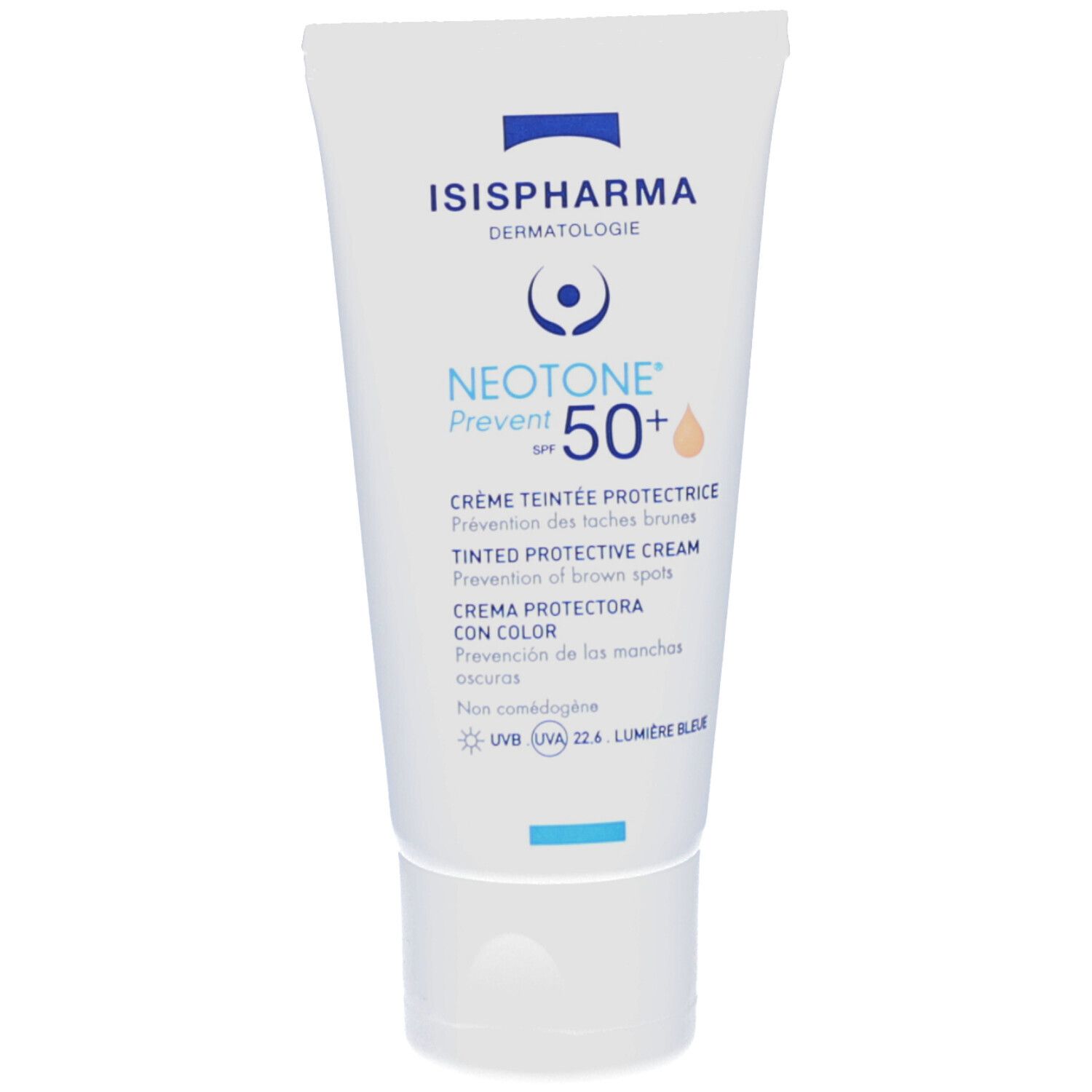 Rückseite der Tube. Text in mehreren Sprachen. ISISPHARMA, 30 ml. Hergestellt in Frankreich. Recycling-Symbole.