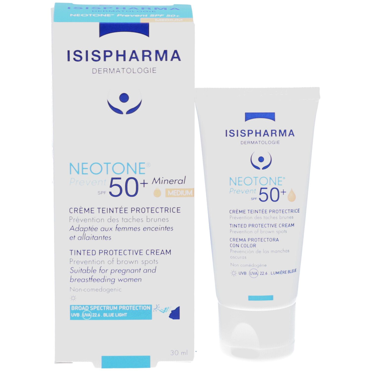 Produktverpackung. ISISPHARMA Neotone Prevent SPF50+ Mineral. Creme gegen braune Flecken. 30 ml.