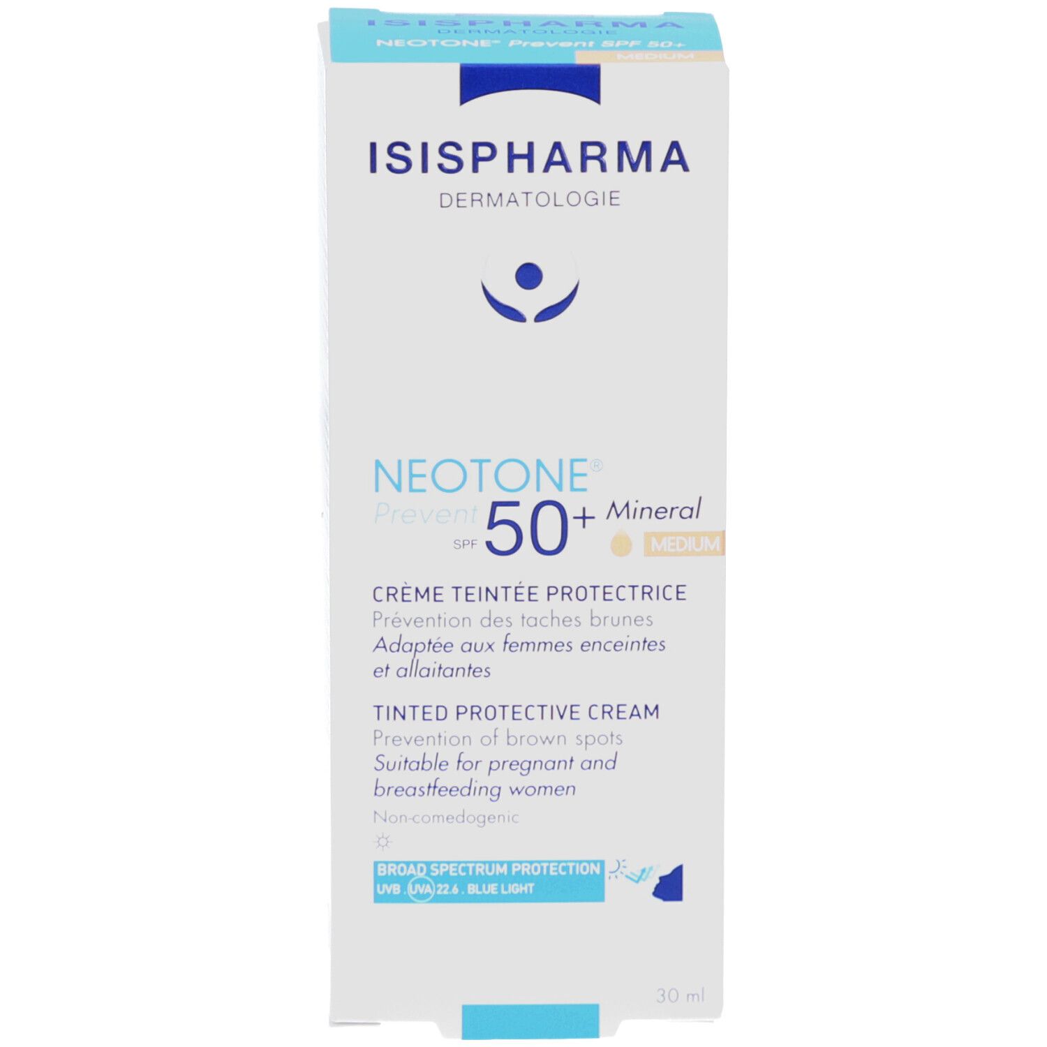 Produktverpackung. Rückseite mit Text. ISISPHARMA Neotone Prevent SPF50+ Mineral. Inhaltsstoffe.