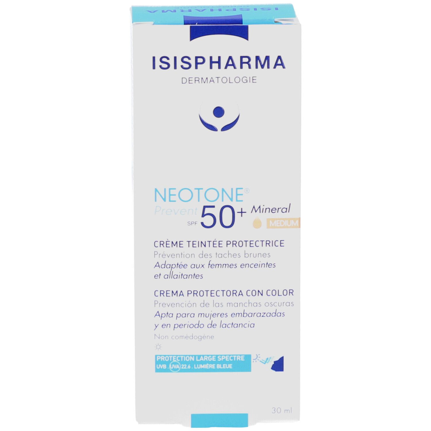 Produktverpackung. Rückseite mit Text. ISISPHARMA Neotone Prevent SPF50+ Mineral. QR-Code.