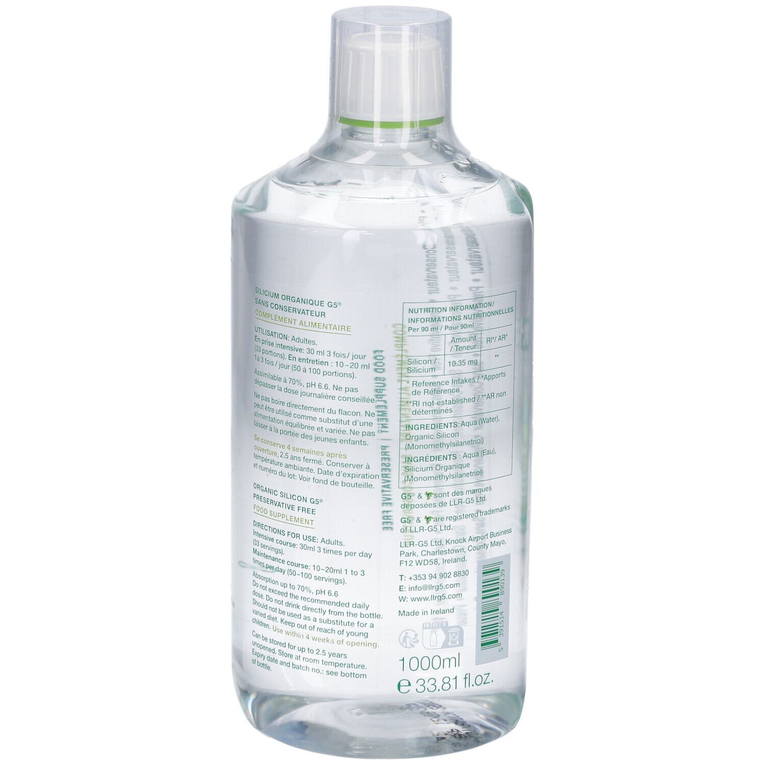 Bouteille transparente, étiquette verte. Inscription: Silicium Organique MMST G5. Nutrition. G5 Wellbeing. Dos avec texte.