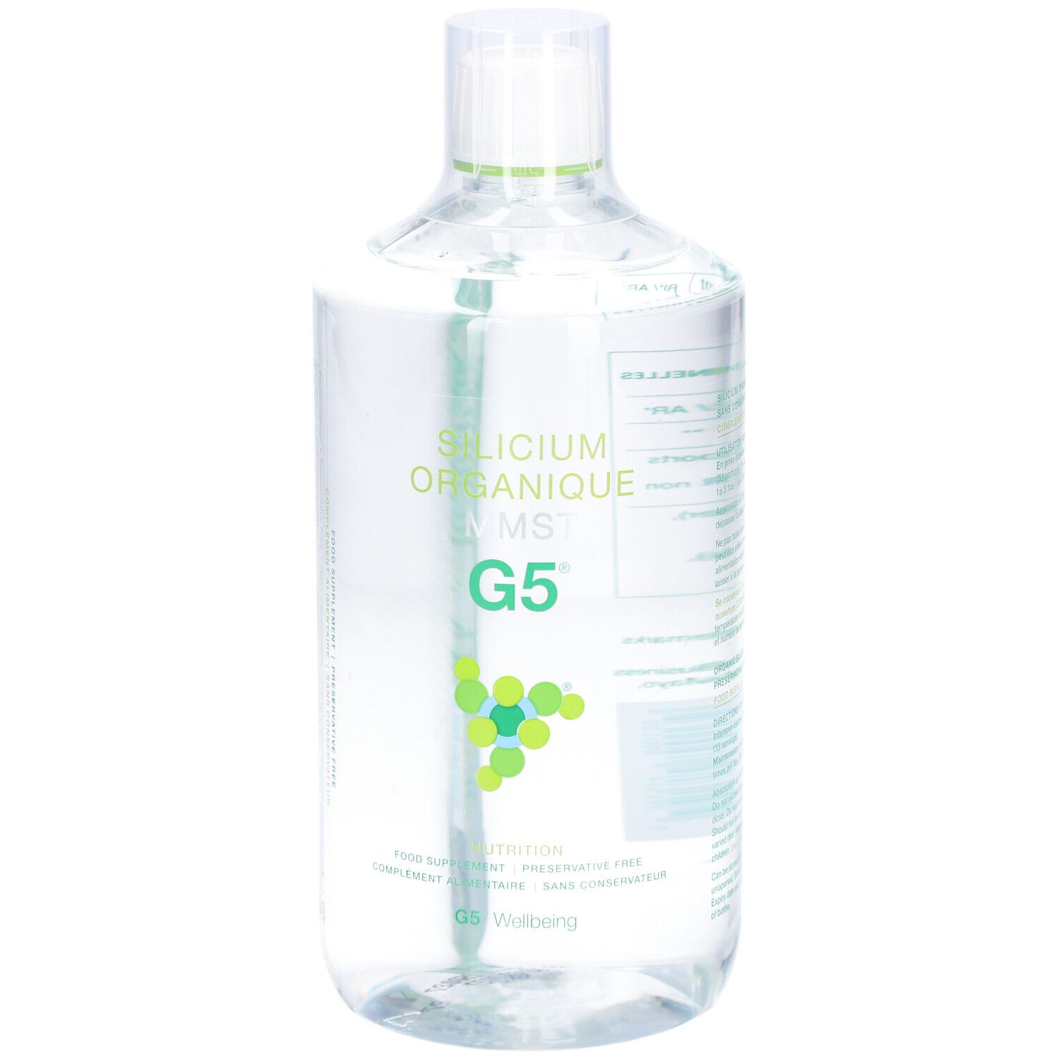 Bouteille transparente, étiquette verte. Inscription: Silicium Organique MMST G5. Nutrition. G5 Wellbeing. Dos avec texte.