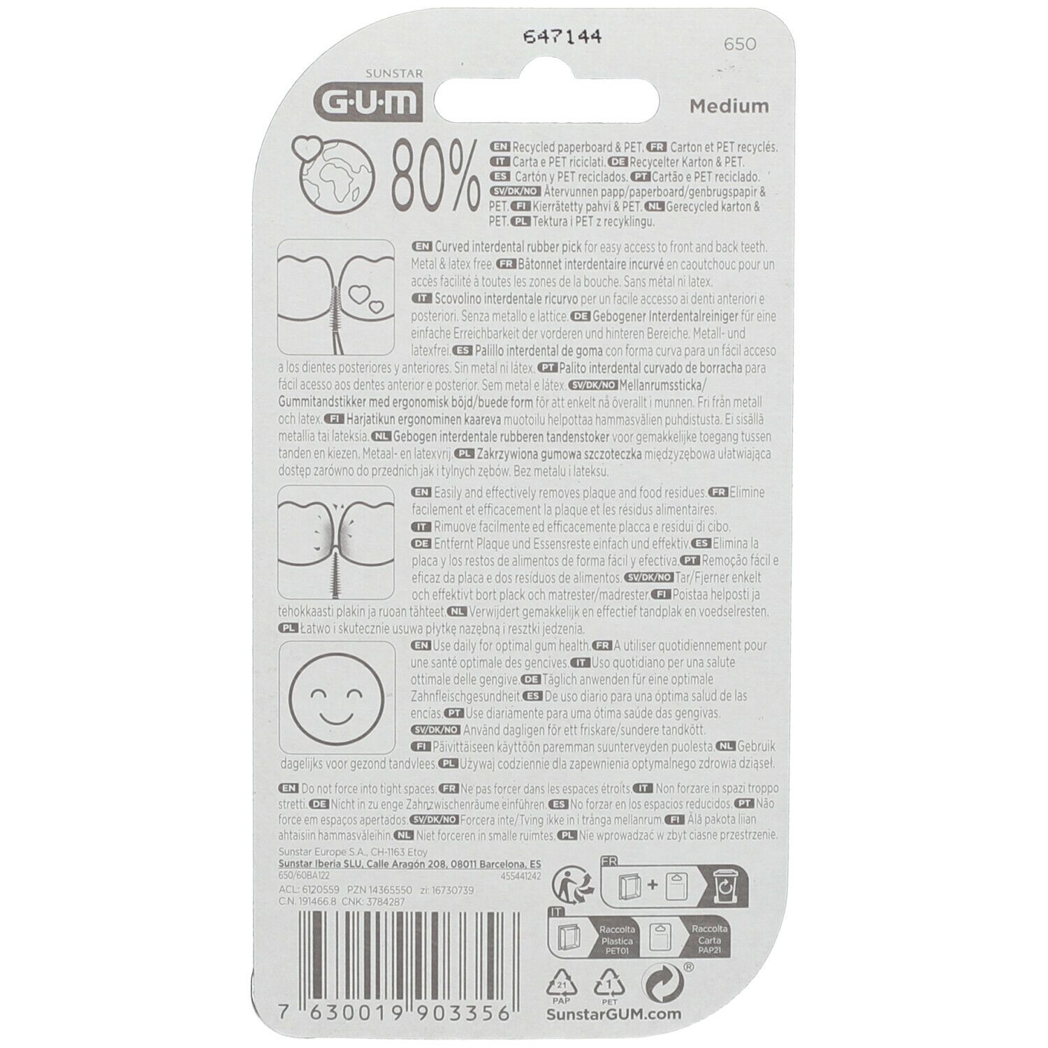Emballage avec informations produit. Marque GUM, texte: Medium, 80%.