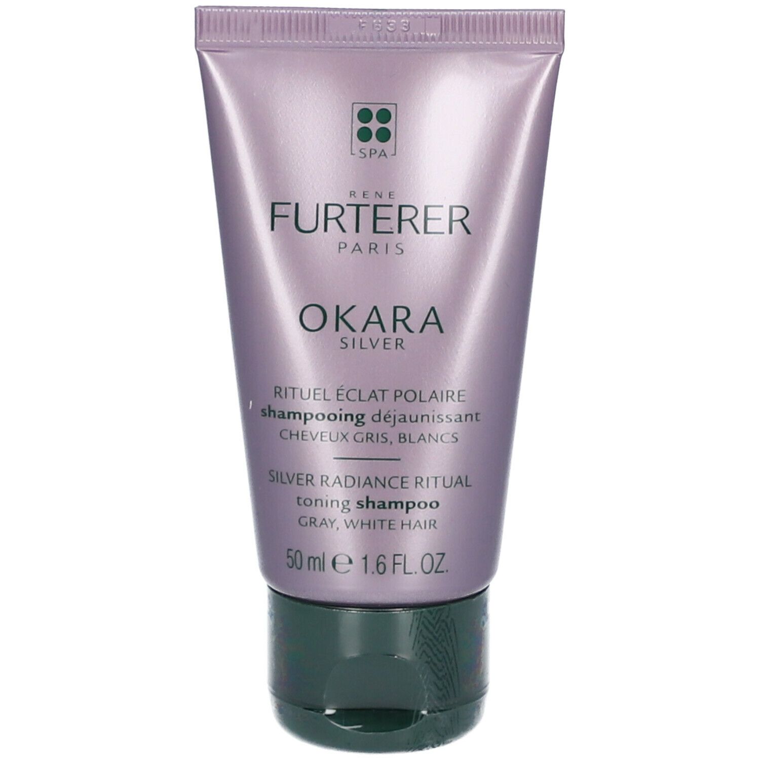 Tube violet avec bouchon vert. Texte: RENE FURTERER PARIS, OKARA SILVER, shampooing pour cheveux gris et blancs.