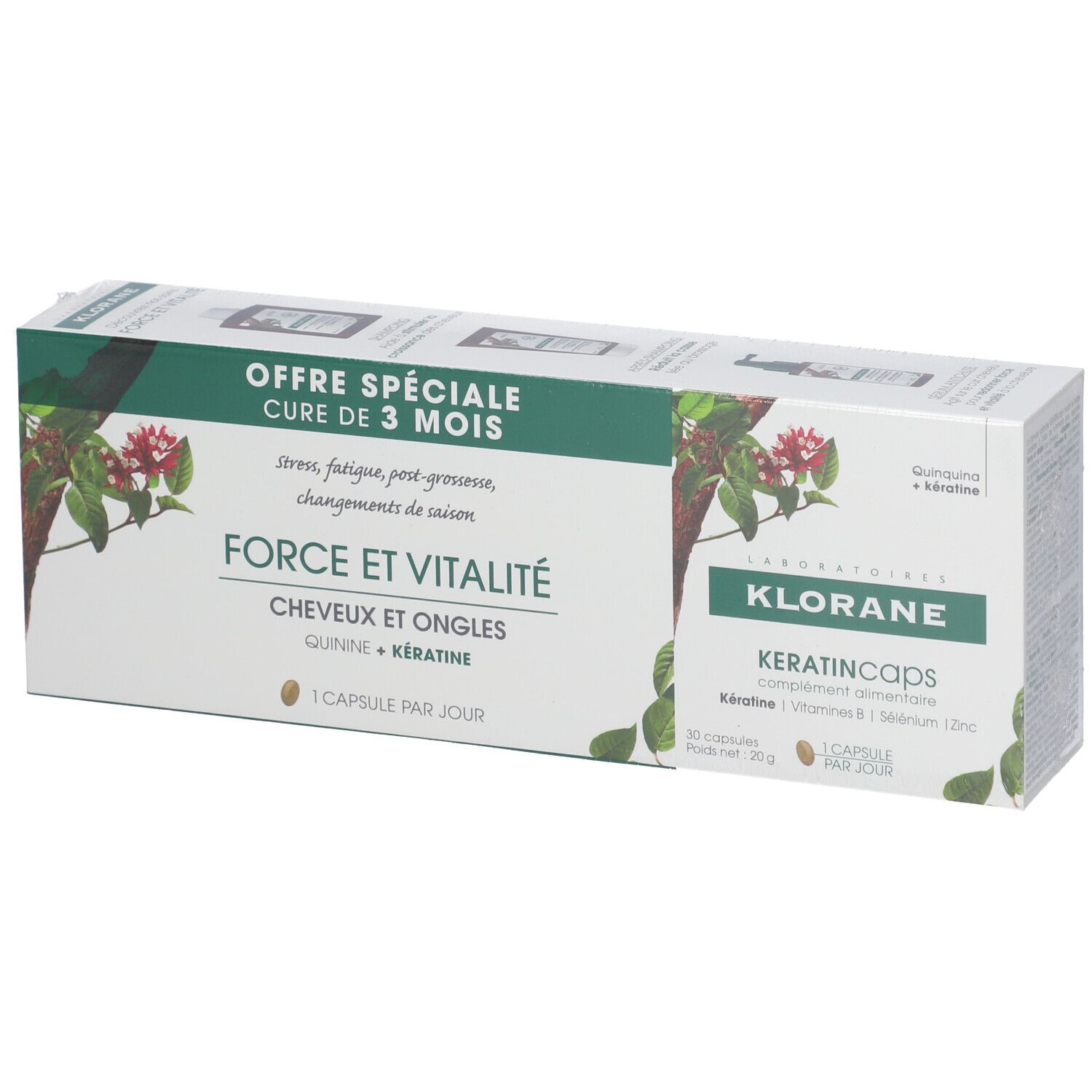 Boîte de KLORANE KeratinCaps. Inscription: FORCE ET VITALITÉ, 60 capsules. Design vert et blanc.