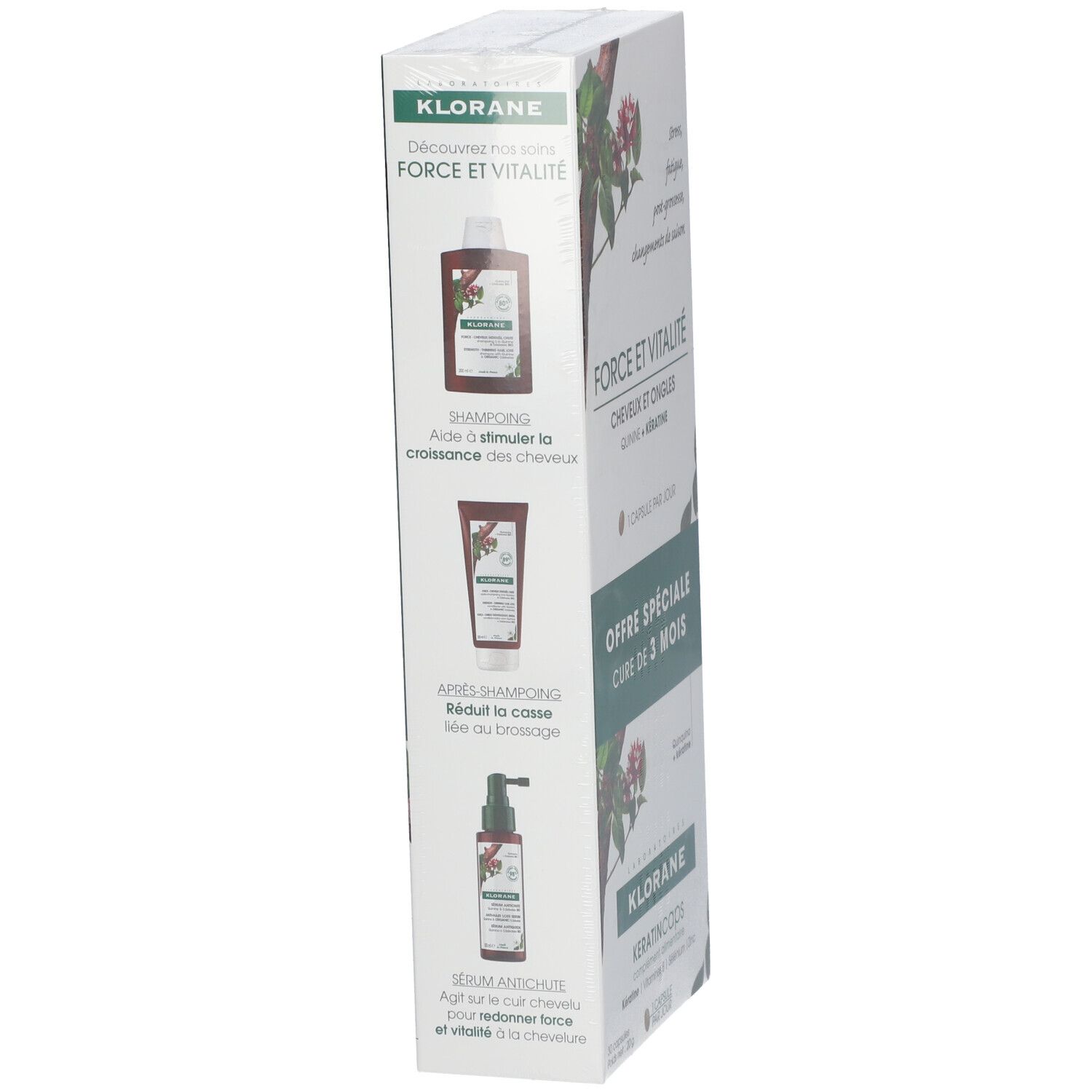 Emballage avec images d'autres produits. Inscription: KLORANE, FORCE ET VITALITÉ. Design vert et blanc.