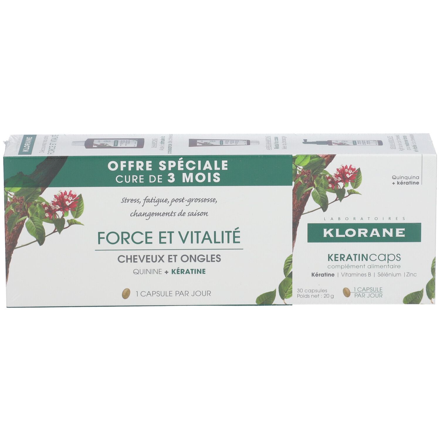 Boîte de KLORANE KeratinCaps. Inscription: FORCE ET VITALITÉ, 60 capsules. Design vert et blanc.