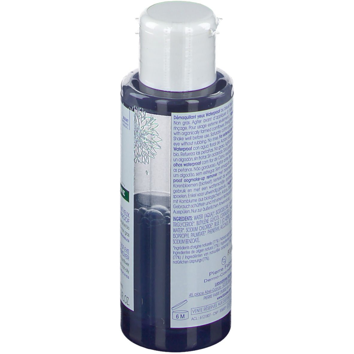 Rückseite der Klorane Augen-Makeup-Entferner Flasche. Text in mehreren Sprachen. Herstellerinformationen.