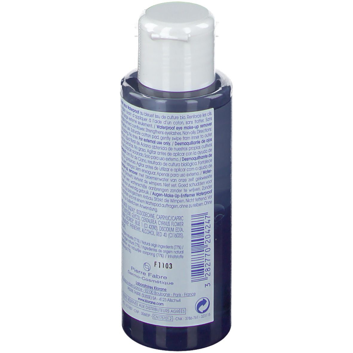 Rückseite der Klorane Augen-Makeup-Entferner Flasche. Text in mehreren Sprachen. Herstellerinformationen.