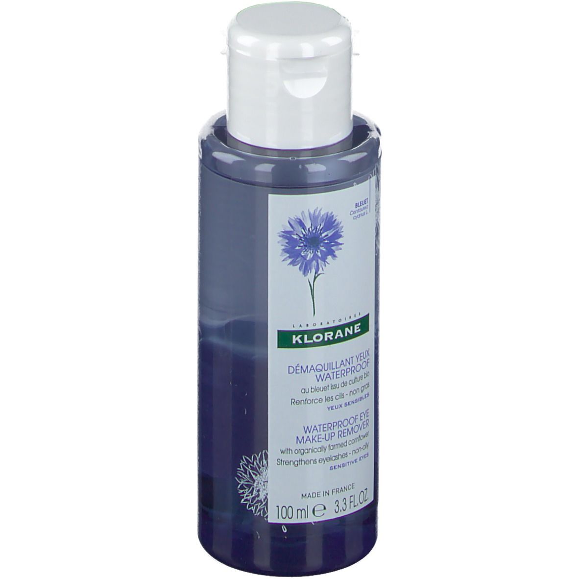 Klorane wasserfester Augen-Makeup-Entferner. Blaue Flüssigkeit in einer Flasche mit weißem Deckel. Kornblume-Motiv.