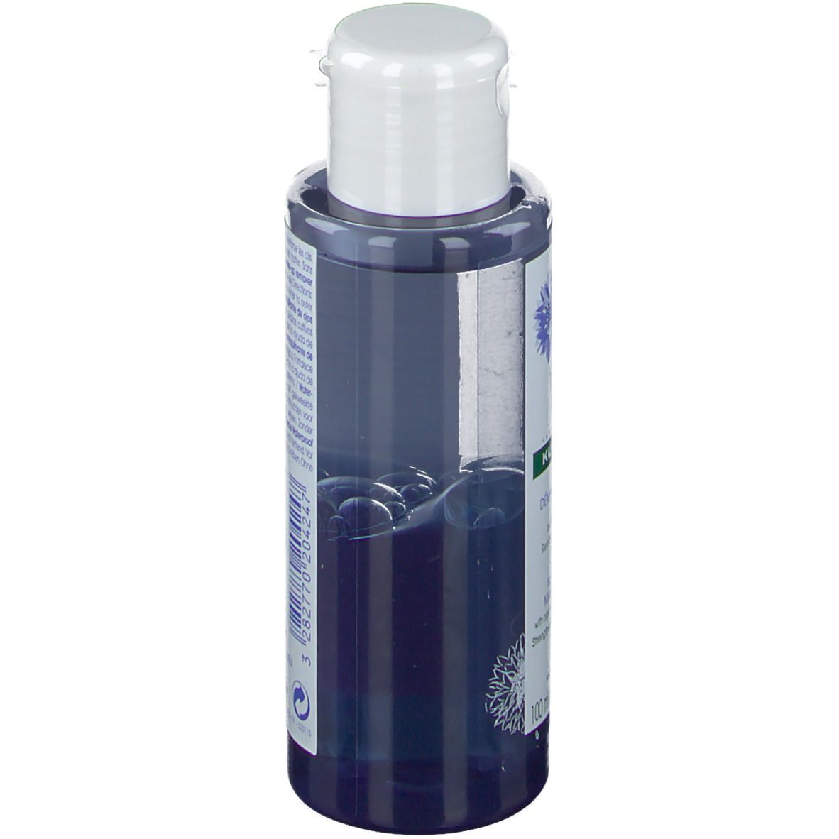 Klorane Augen-Makeup-Entferner Flasche. Blaue Flüssigkeit sichtbar. Weißer Deckel. Etikett.