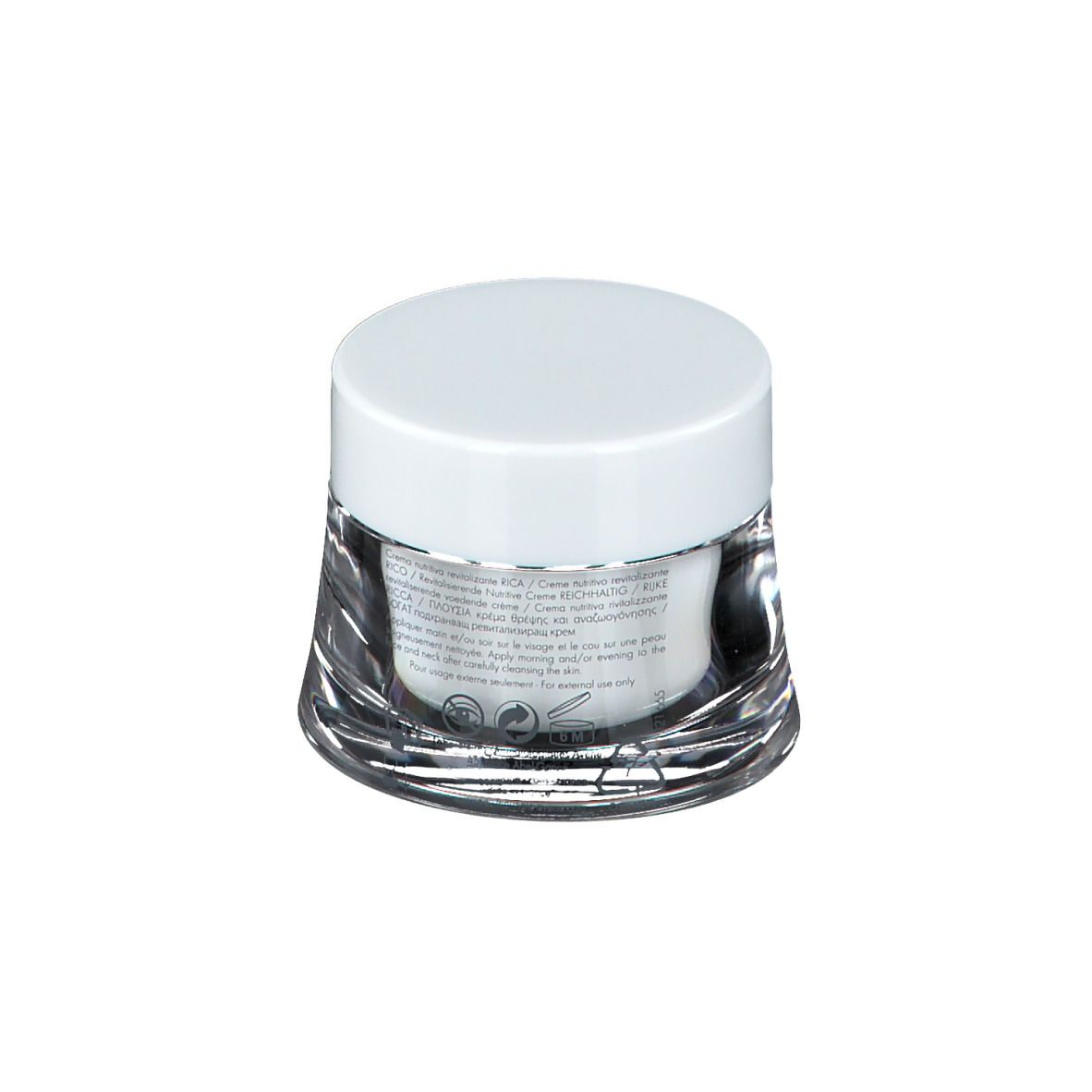 Pot de crème avec couvercle blanc. Dos avec texte.