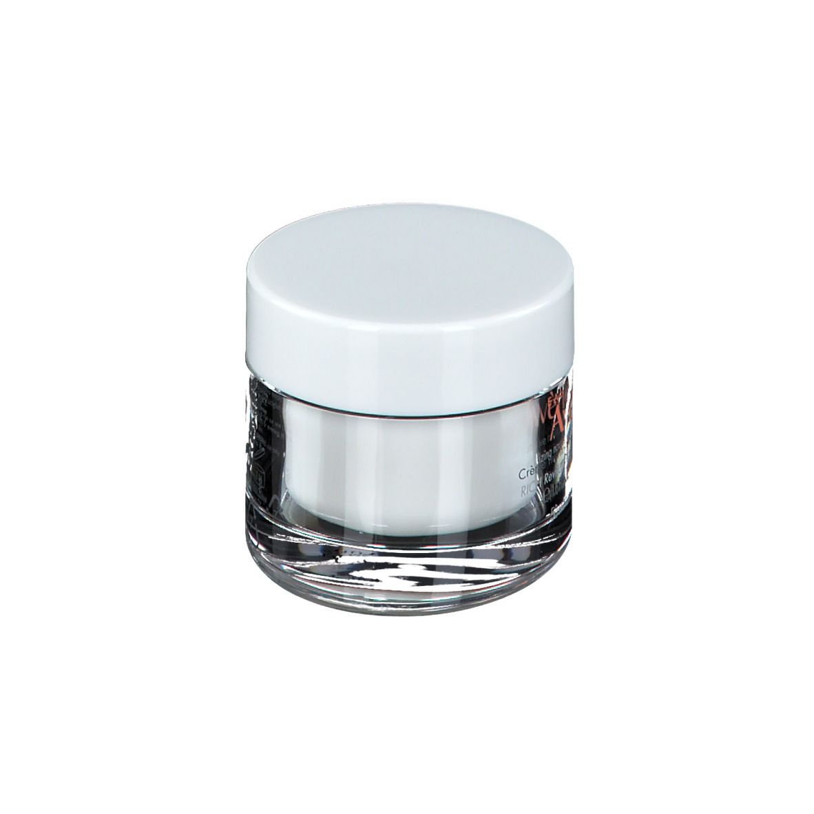 Pot de crème avec couvercle blanc. Dos avec texte.