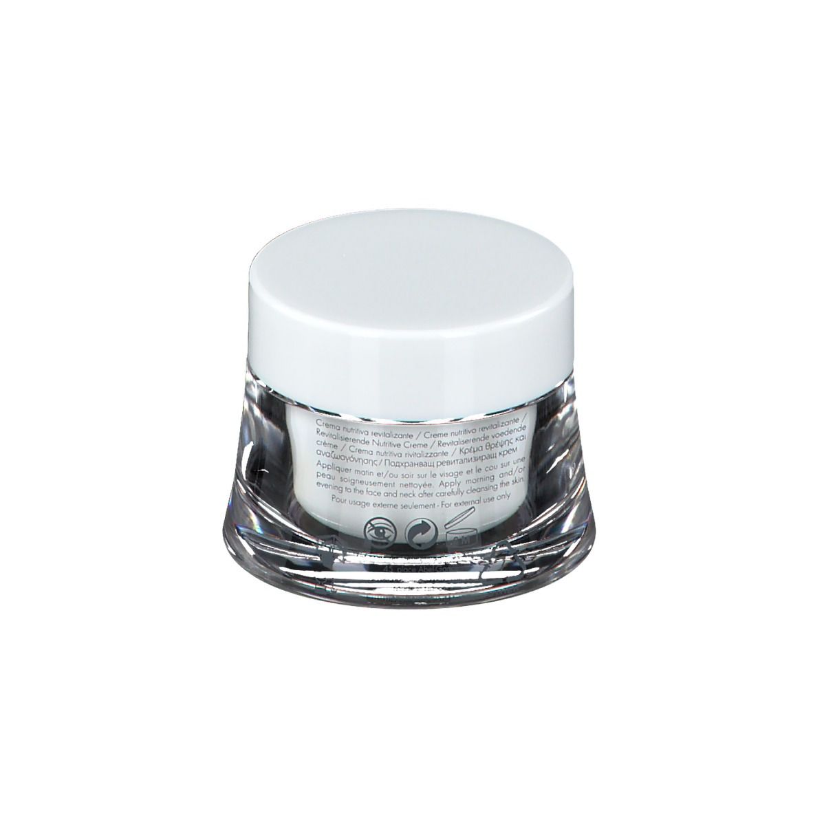 Creme-Tiegel mit weißem Deckel. Aufschrift: Eau Thermale Avène, Crème nutritive revitalisante. Für trockene, empfindliche Haut.