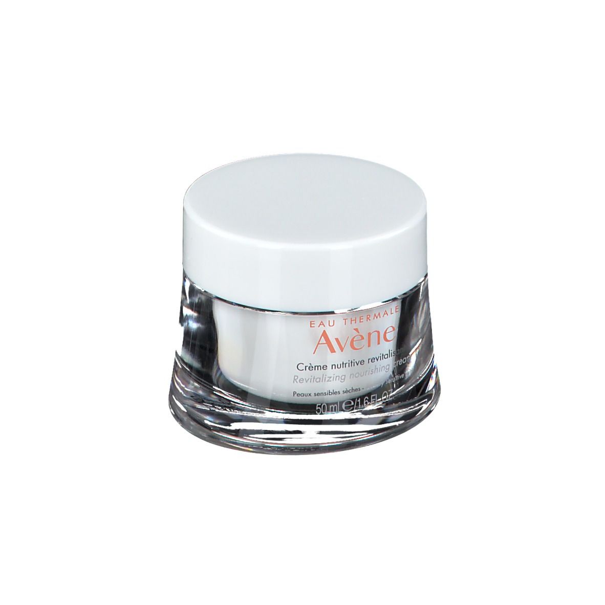 Creme-Tiegel mit weißem Deckel. Aufschrift: Eau Thermale Avène, Crème nutritive revitalisante. Für trockene, empfindliche Haut.