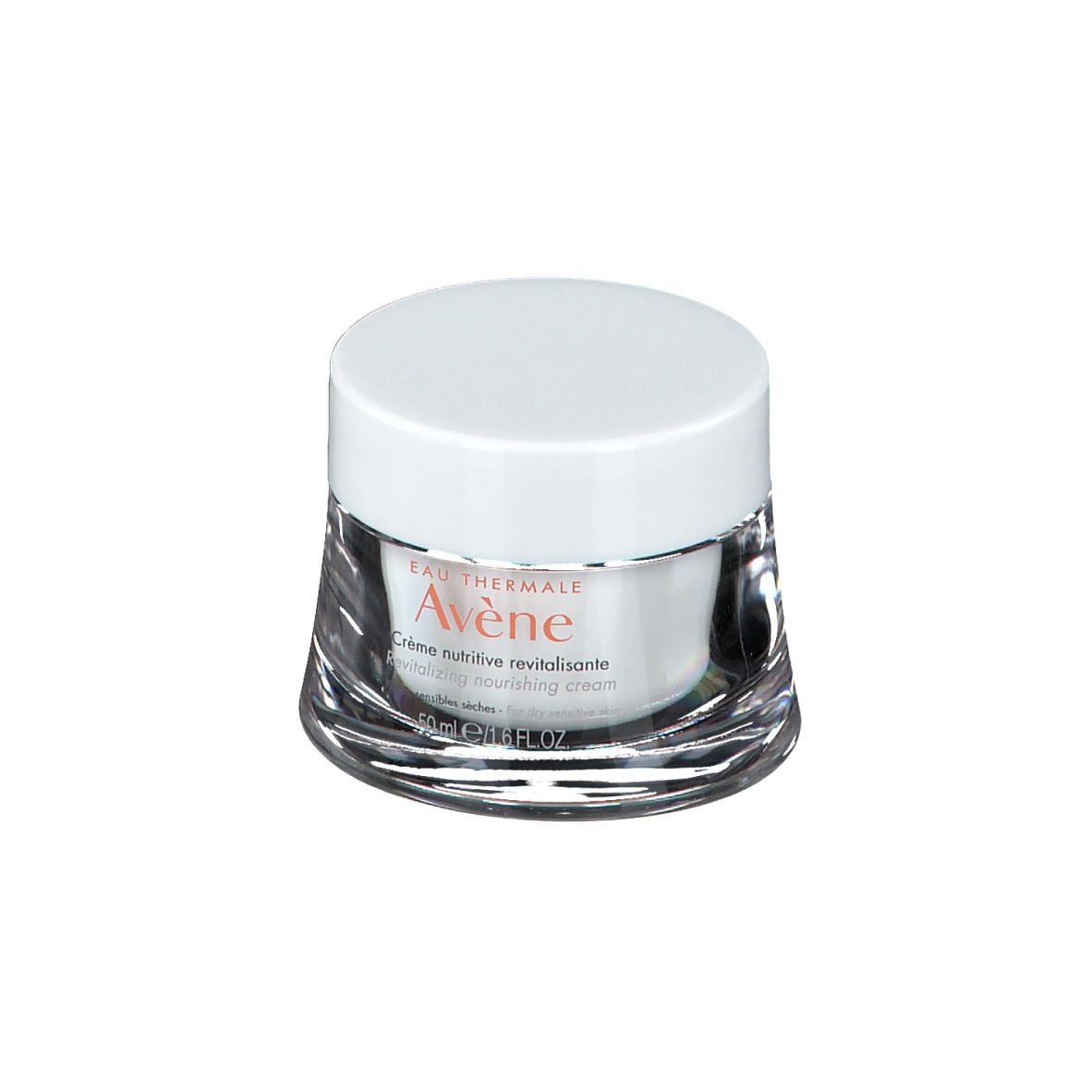 Creme-Tiegel mit weißem Deckel. Aufschrift: Eau Thermale Avène, Crème nutritive revitalisante. Für trockene, empfindliche Haut.