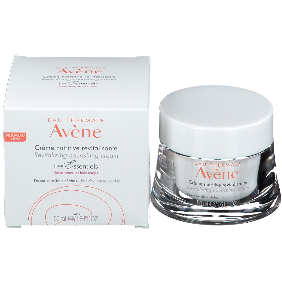Creme-Tiegel mit weißem Deckel und daneben eine weiße Schachtel. Aufschrift: Eau Thermale Avène, Crème nutritive revitalisante.