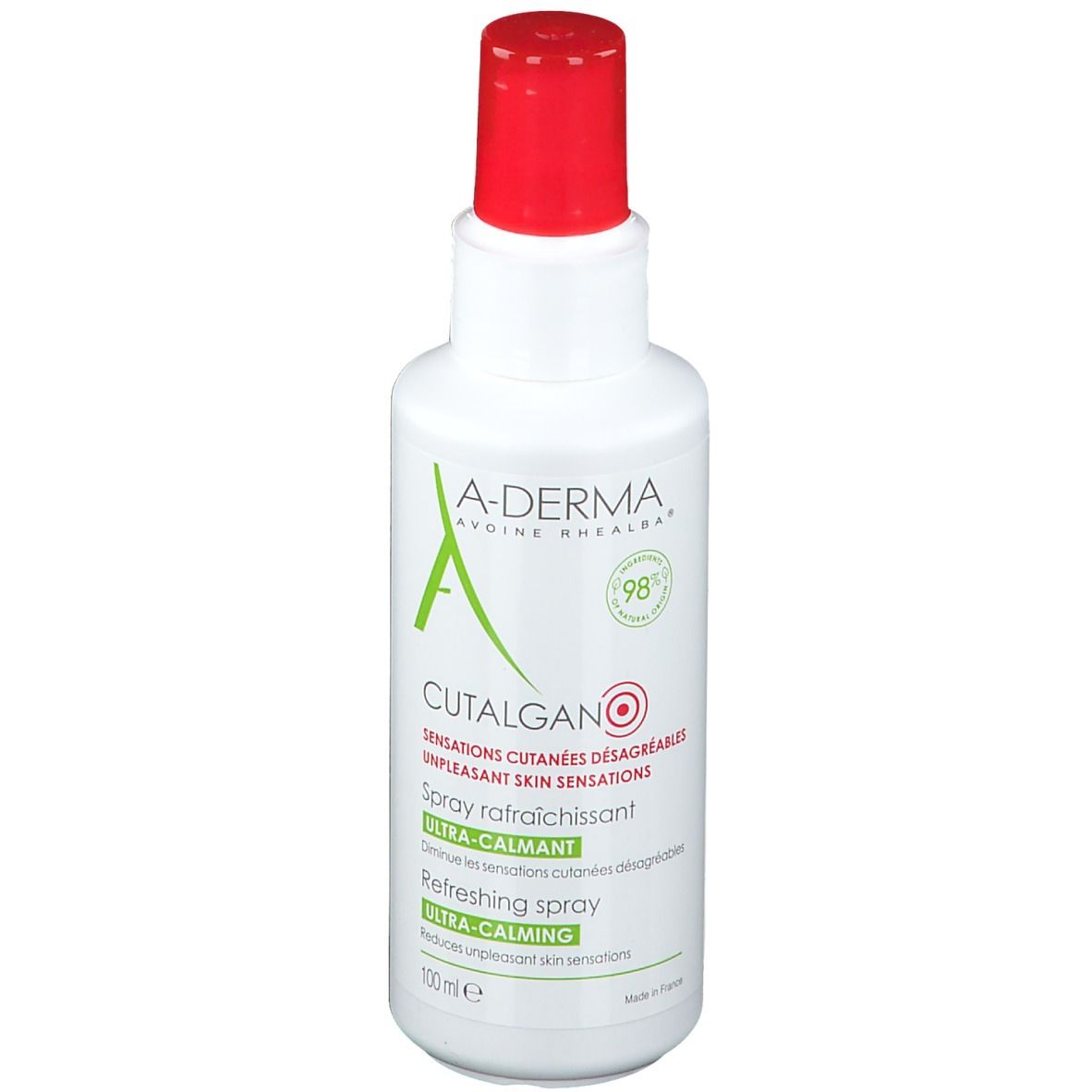Weiße Flasche mit rotem Sprühkopf. A-DERMA CUTALGAN ULTRA-CALMING Kühlspray. Text und Logo.