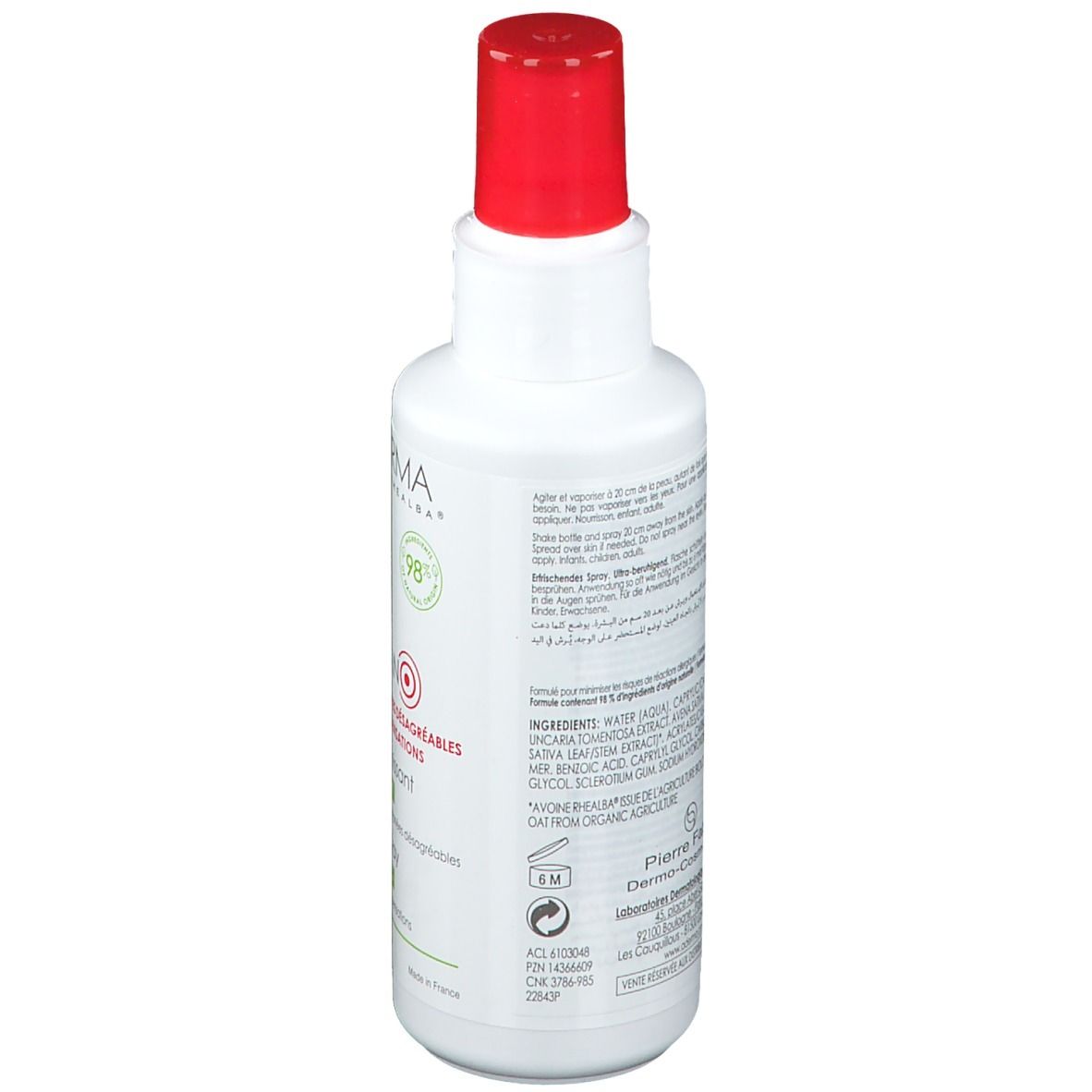 Rückseite der weißen Flasche. Text in mehreren Sprachen. Inhaltsstoffe und Herstellerinformationen.