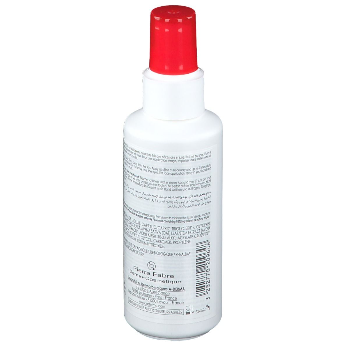 Rückseite der weißen Flasche. Text in mehreren Sprachen. Inhaltsstoffe und Herstellerinformationen.