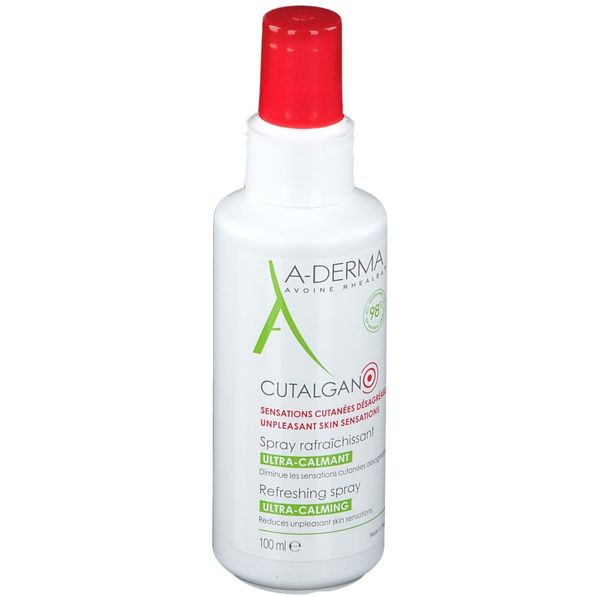 Weiße Flasche mit rotem Sprühkopf. A-DERMA CUTALGAN ULTRA-CALMING Kühlspray. Text und Logo.