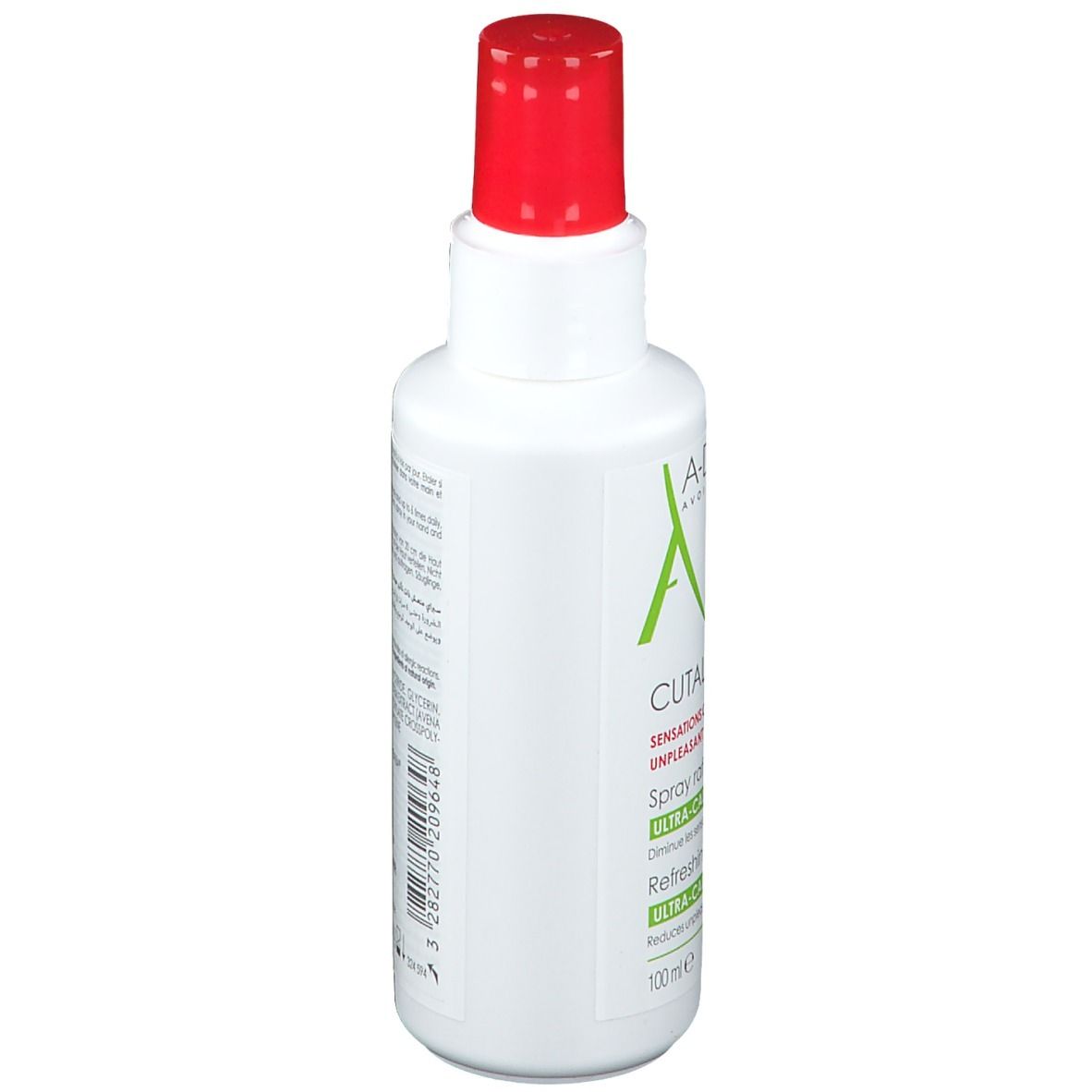 Rückseite der weißen Flasche. Text in mehreren Sprachen. Inhaltsstoffe und Herstellerinformationen.