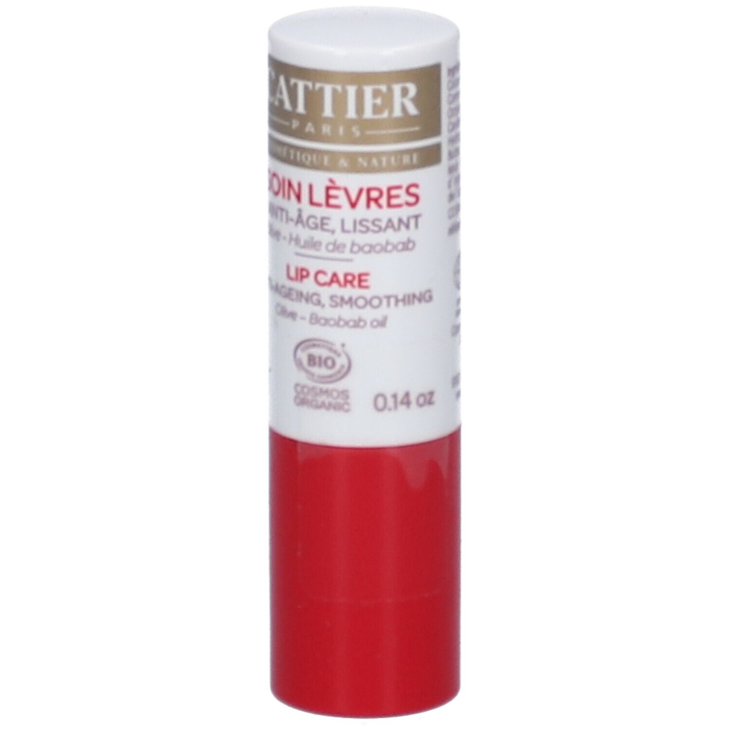 Stick à lèvres rouge et blanc. Texte: CATTIER, SOIN LÈVRES, Anti-Âge, Lissant, Olive, Huile de baobab, BIO.
