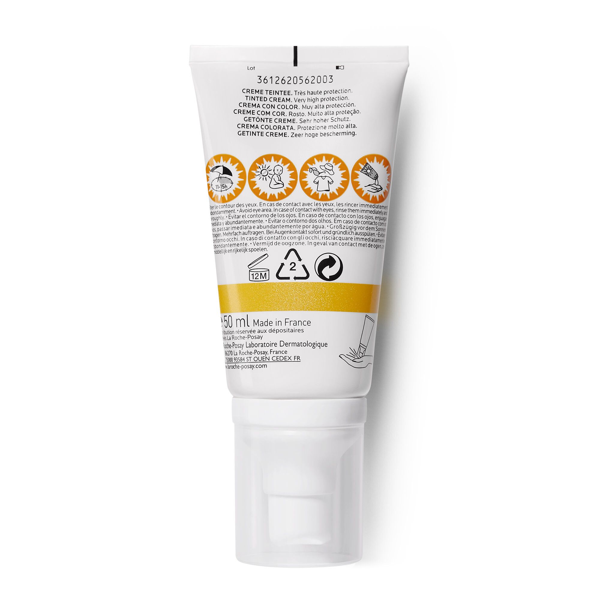 Dos du tube. Texte: Crème teintée. Informations ingrédients et utilisation. Bande jaune.