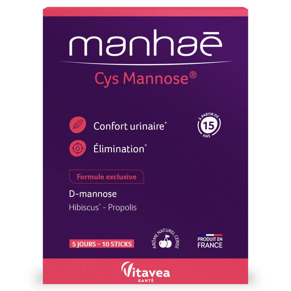 MANHAE Cys Mannose Packung. Lila, mit weißer Schrift. Enthält 10 Sticks. Enthält D-Mannose, Hibiskus und Propolis.