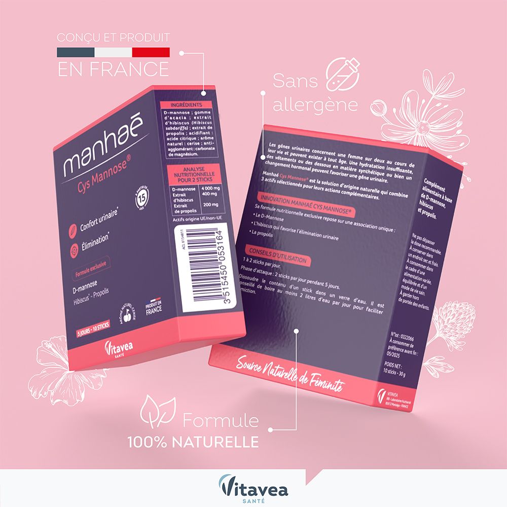 MANHAE Cys Mannose Packungen. Rückseite mit Inhaltsstoffen und Informationen. 100% natürliche Formel. Hergestellt in Frankreich.