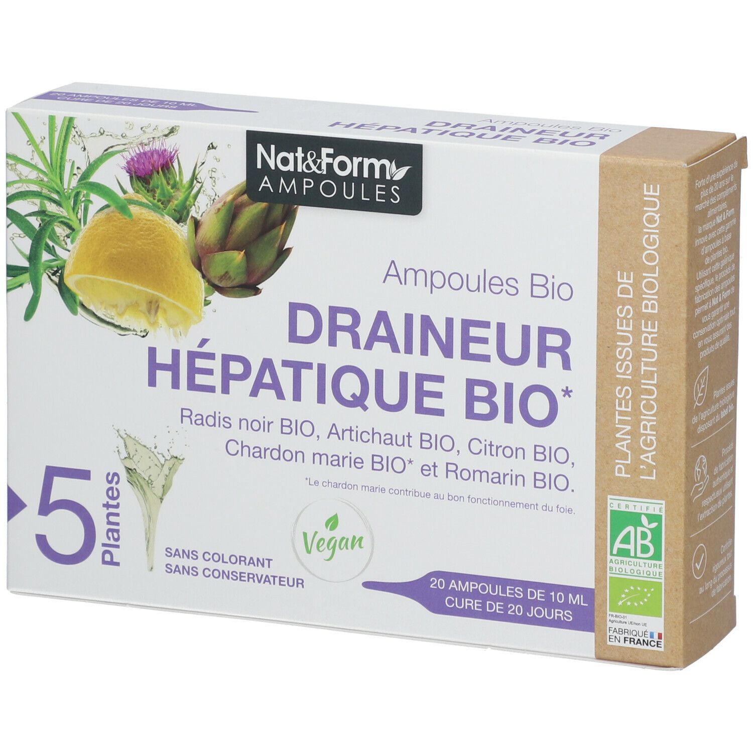 Kartonpackung mit Ampullen. Aufdruck: Nat&Form Ampoules, Draineur Hépatique BIO, 5 Pflanzen, Vegan, AB-Siegel.