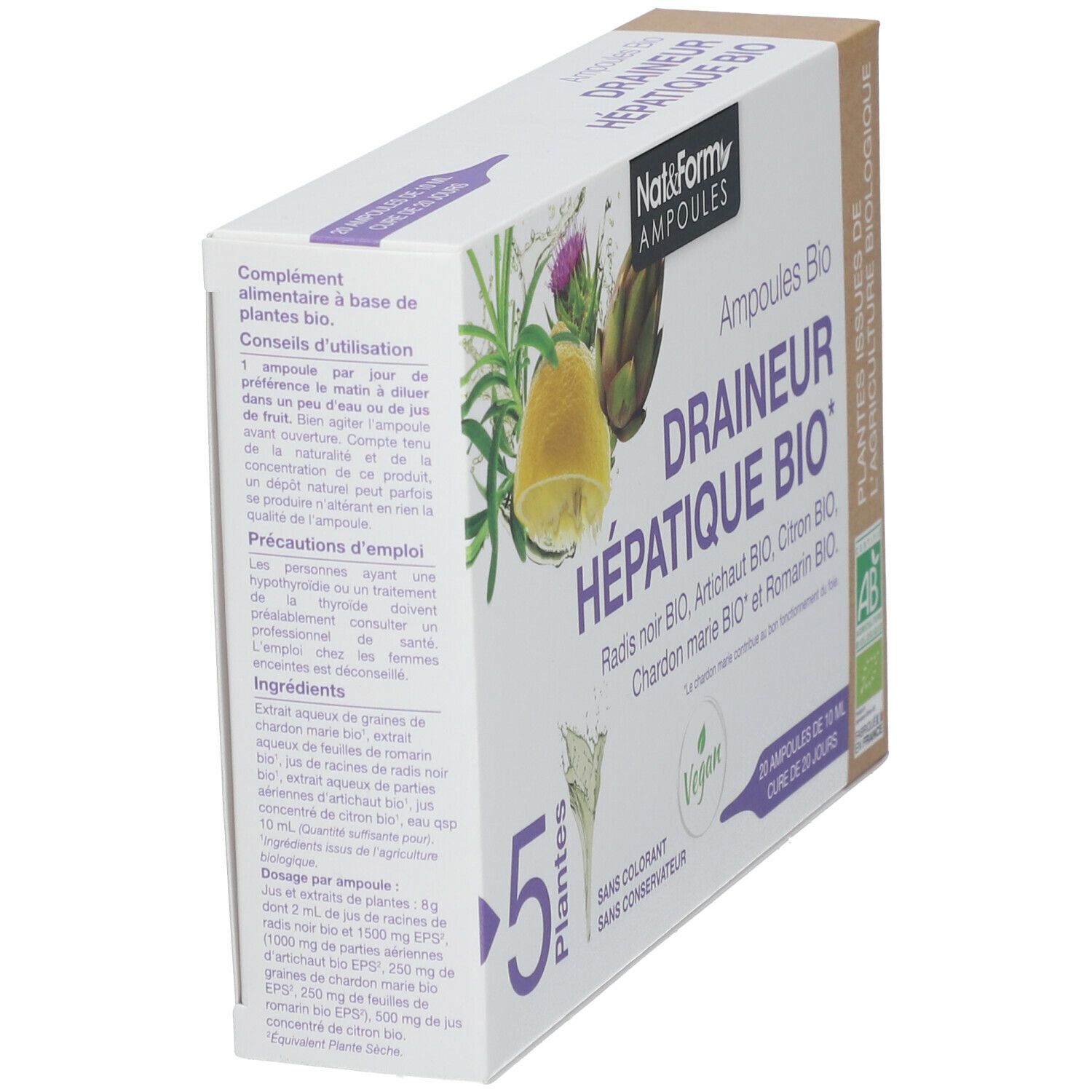 Schrägansicht der Packung. Aufdruck: Nat&Form Ampoules, Draineur Hépatique BIO, 5 Pflanzen, Vegan, AB-Siegel. Text und Illustrationen.