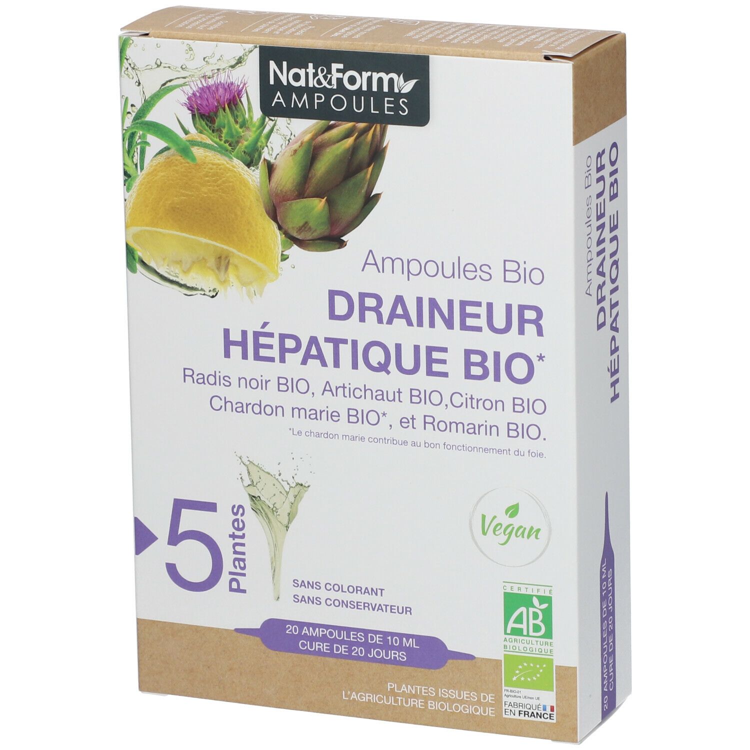 Kartonpackung mit Ampullen. Aufdruck: Nat&Form Ampoules, Draineur Hépatique BIO, 5 Pflanzen, Vegan, AB-Siegel. Illustrationen.
