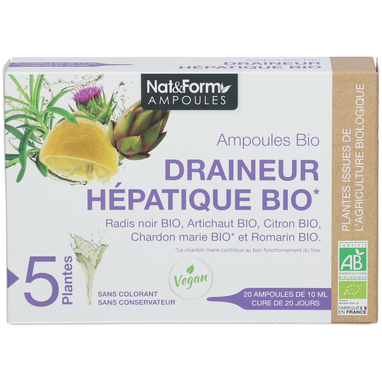 Kartonpackung mit Ampullen. Aufdruck: Nat&Form Ampoules, Draineur Hépatique BIO, 5 Pflanzen, Vegan, AB-Siegel.